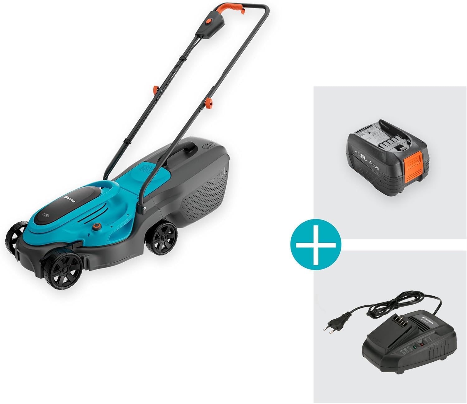 Gardena EasyMax 30/18V Ready-to-Use Set Akku-Rasenmäher, 30 cm Schnittbreite, inkl. Power for All-Akku, kompakt und wendig, ideal für kleine Gärten (14629-20)