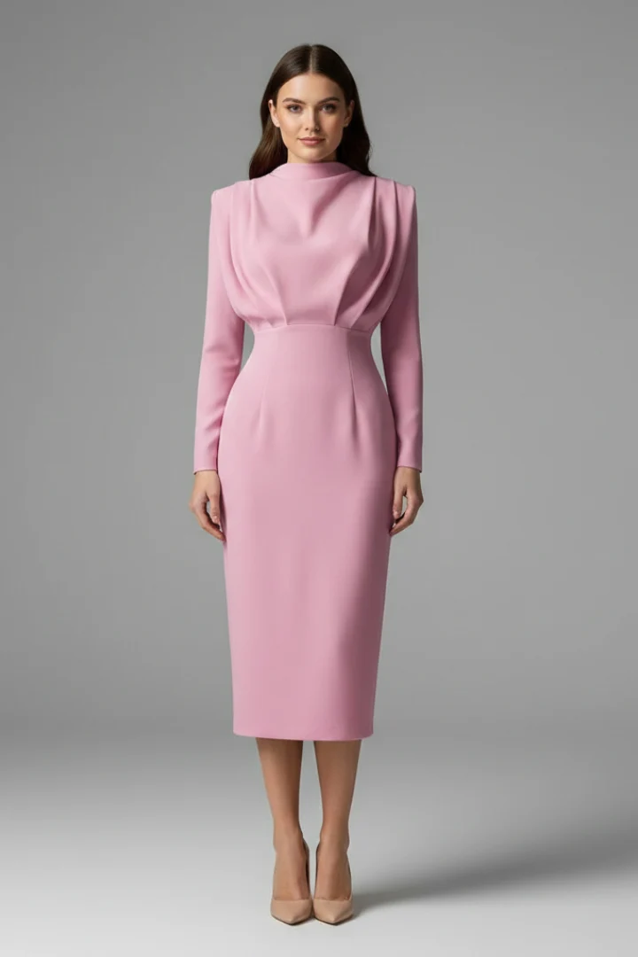 Damenkleid mit hohem Ausschnitt und langen ?rmeln