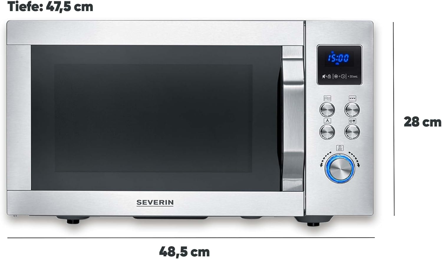 SEVERIN Mikrowelle mit Grill und Heißluftfunktion 3-in-1, zum Auftauen, Garen und Erhitzen, Mikrowelle mit Drehteller, Edelstahl-gebürstet/silber, MW 7774