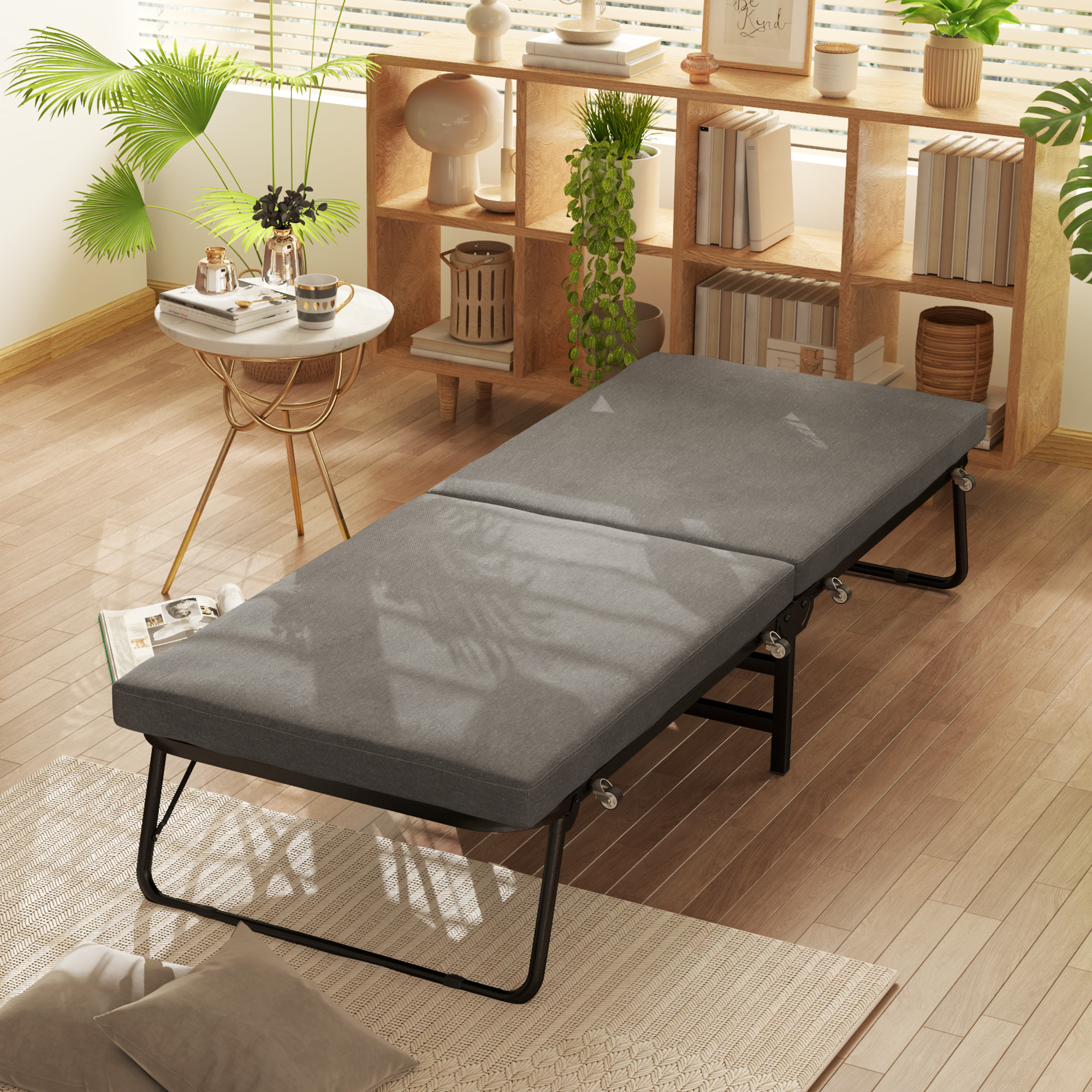 Opklapbed voor 1 Persoon, Logeerbed incl. Matras, Verstelbaar, 4 Wielen, 190 x 70 cm, Donkergrijs