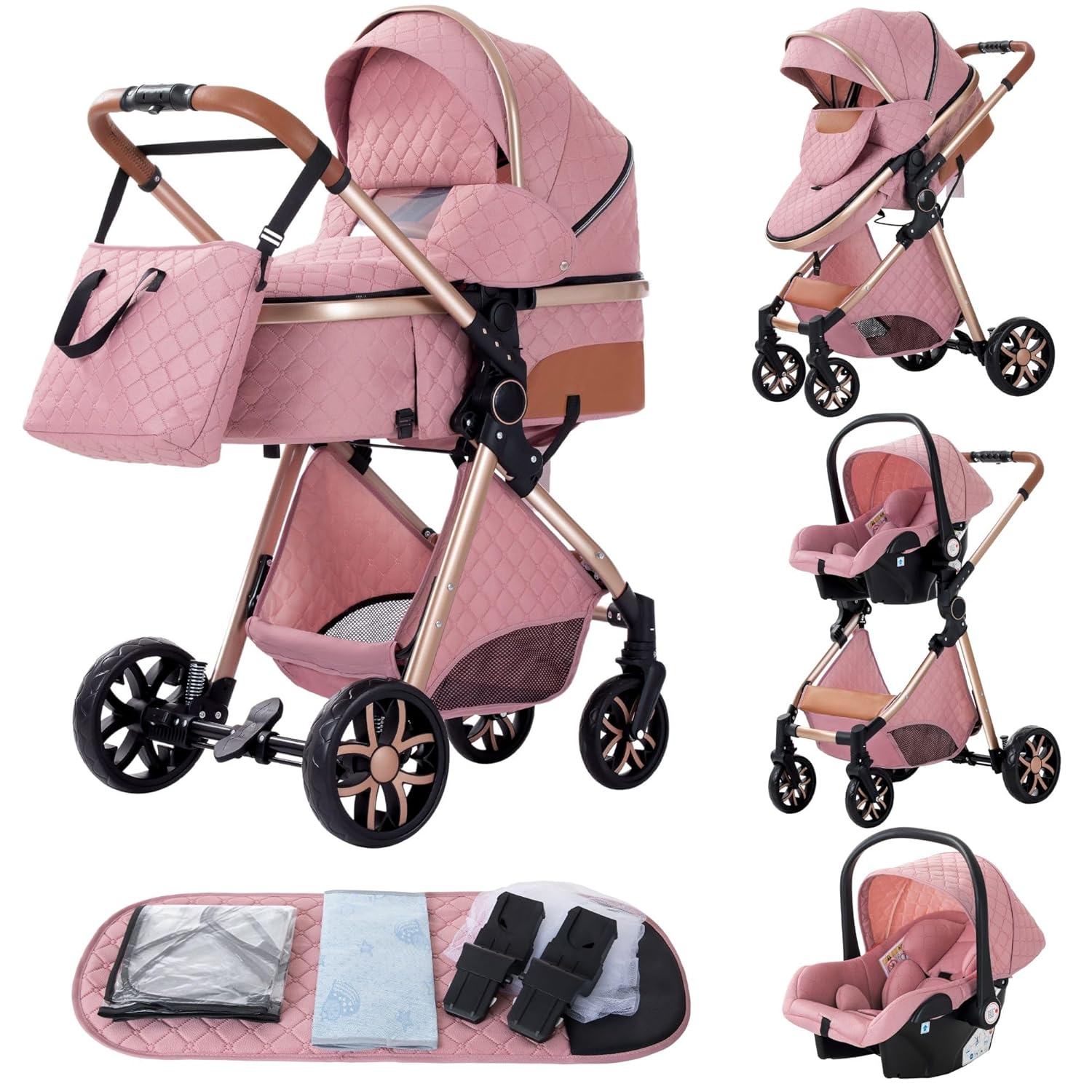 YAZOCO kinderwagen 3 in 1, Zusammenklappbar kinderwagen mit Wickeltasche,Komplettset Becherhalter,Moskitonetz, Fußabdeckung,Sitzzubehör (4 Rosa)