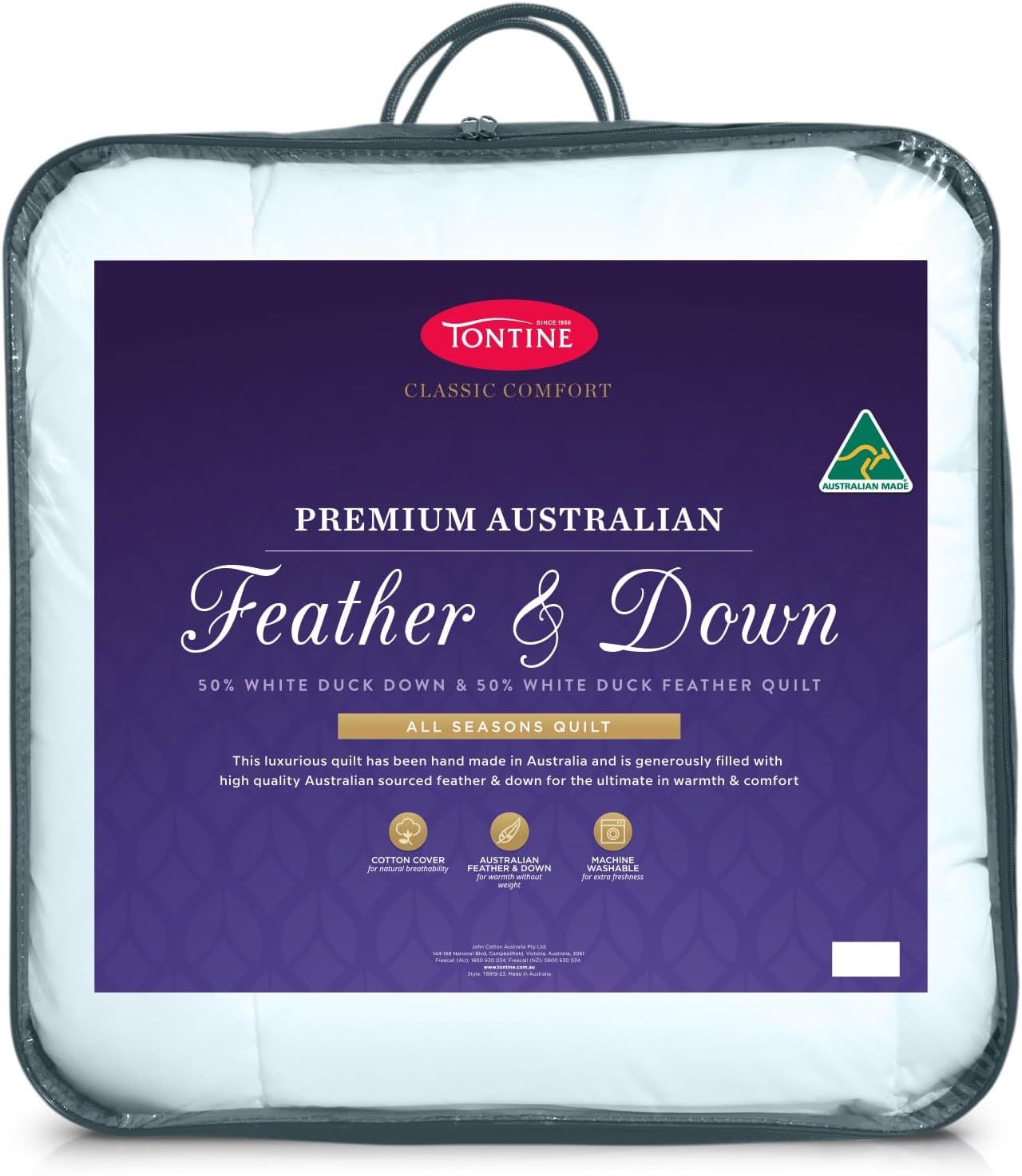 Tontine Australian Feather and Down Quilt �C Year-Round Comfort with Breathable Cotton �C Medium Weight, Machine Washable King Doona