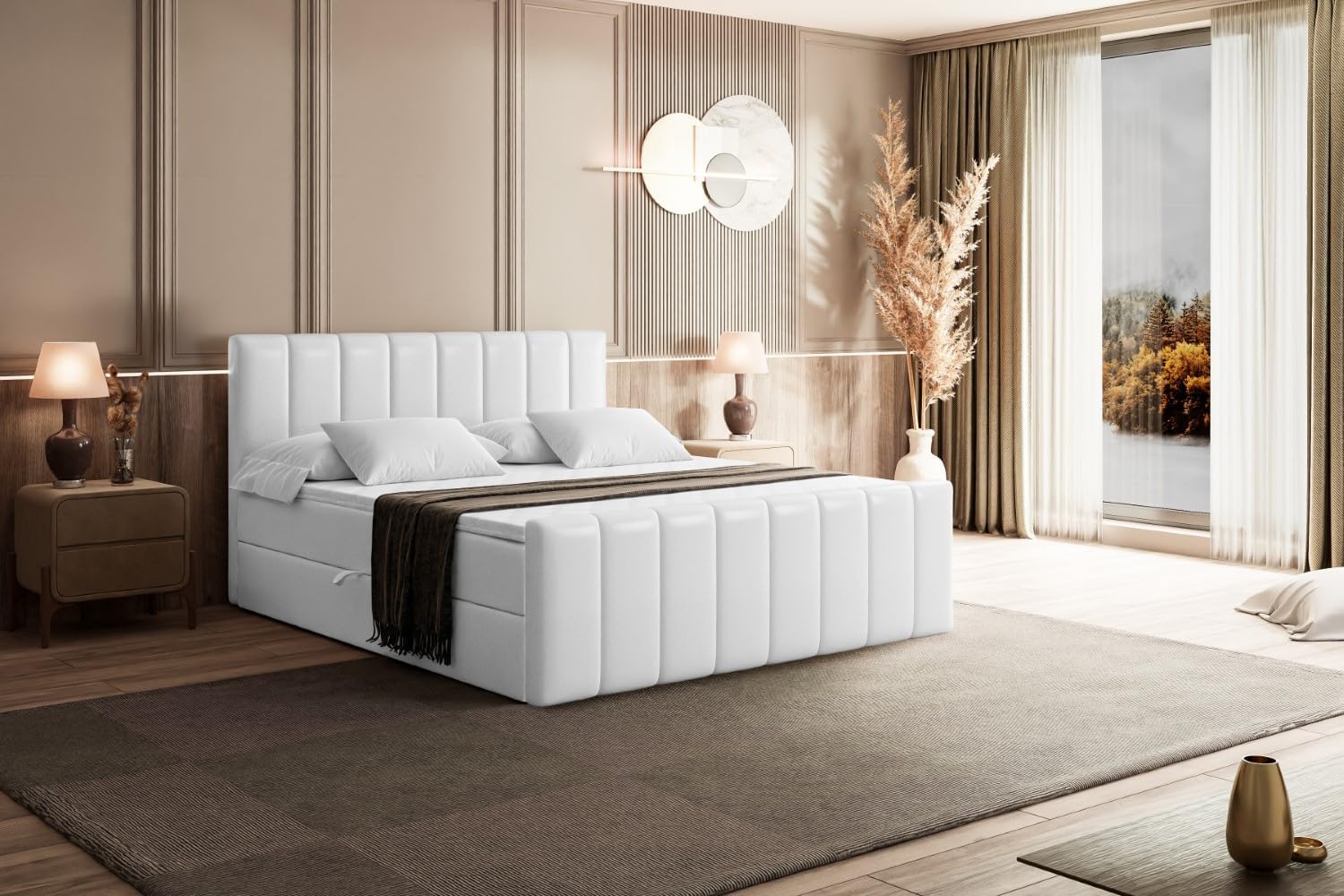 ALTDECOR Boxspringbett mit Matratze und Lattenrost, Boxbett, Topper, Fußteil, Polsterbett mit Bettkasten, Bett mit Stauraum H4-Matratze, Doppelbett, Springboxbett - OTTA-Z - 180x200 - Weiß Kunstleder