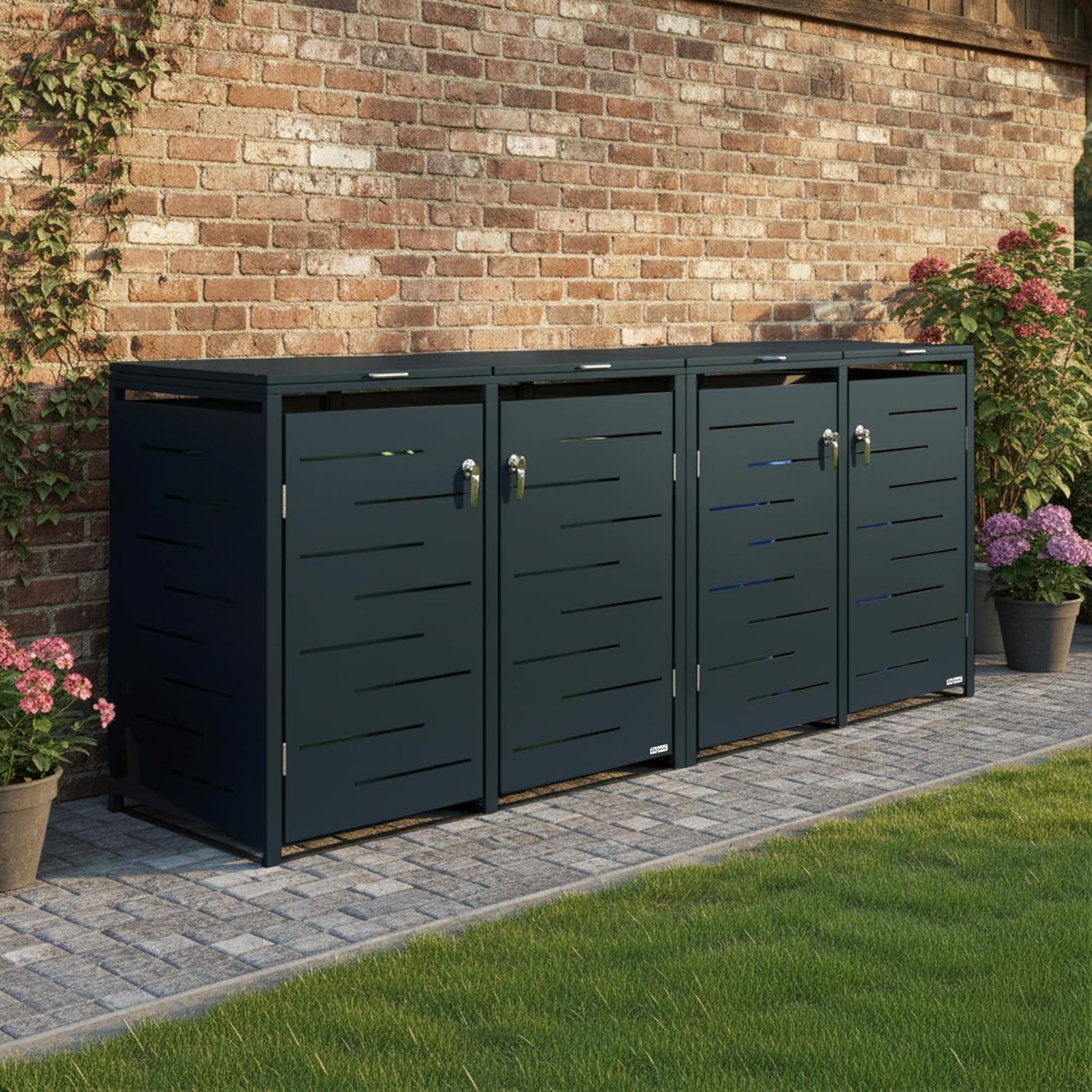 Zelsius Edelstahl Mülltonnenbox 4 Tonnen | 120-240 Liter | Anthrazit RAL 7016 | inkl. Erweiterungsmöglichkeit | Garten Müllhaus, Mülltonnenbox 4er, Aufbewahrungsbox für Mülltonnen