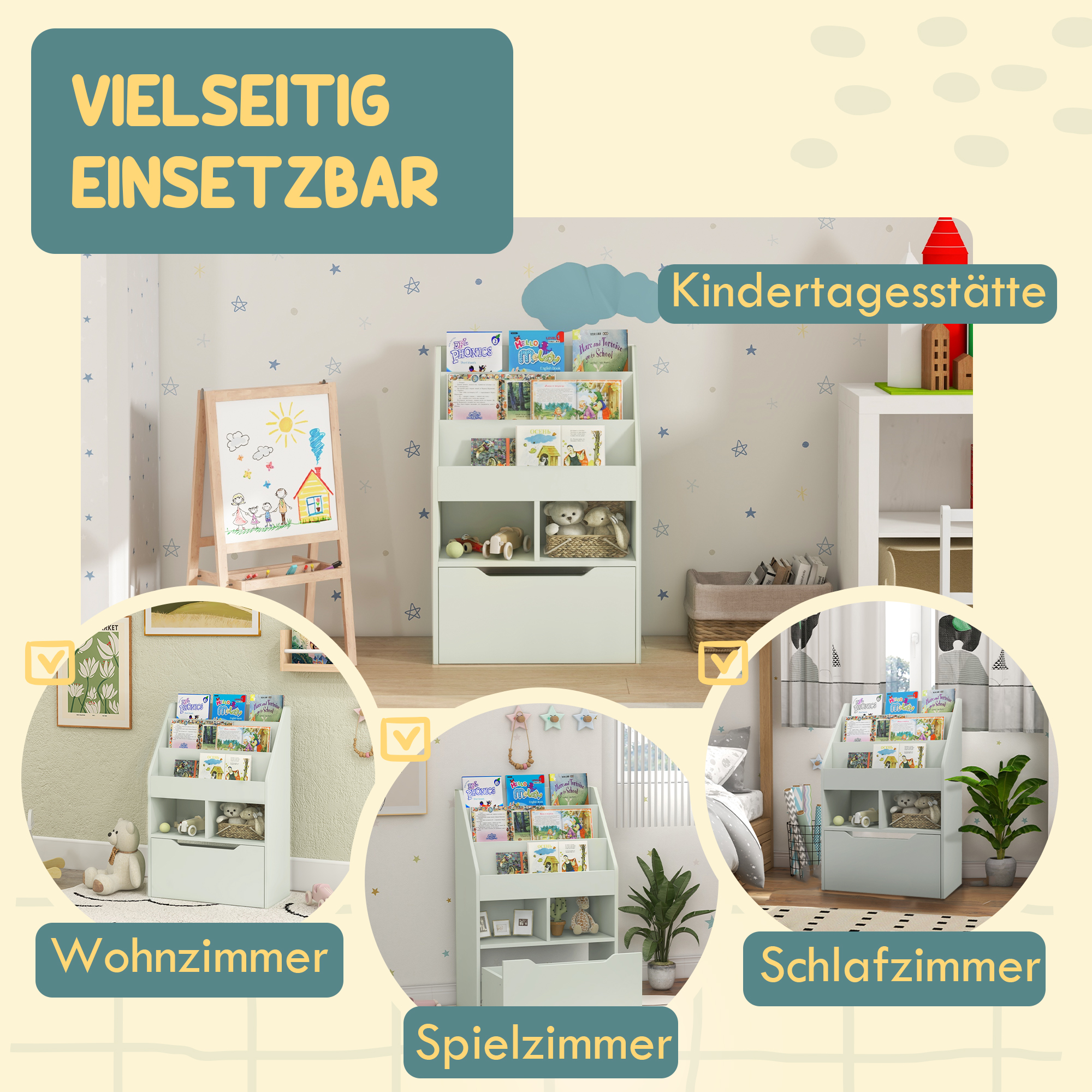 Kinderrek met Lade, Boekenrek met Vakken, 60 x 29,9 x 90 cm, Groen
