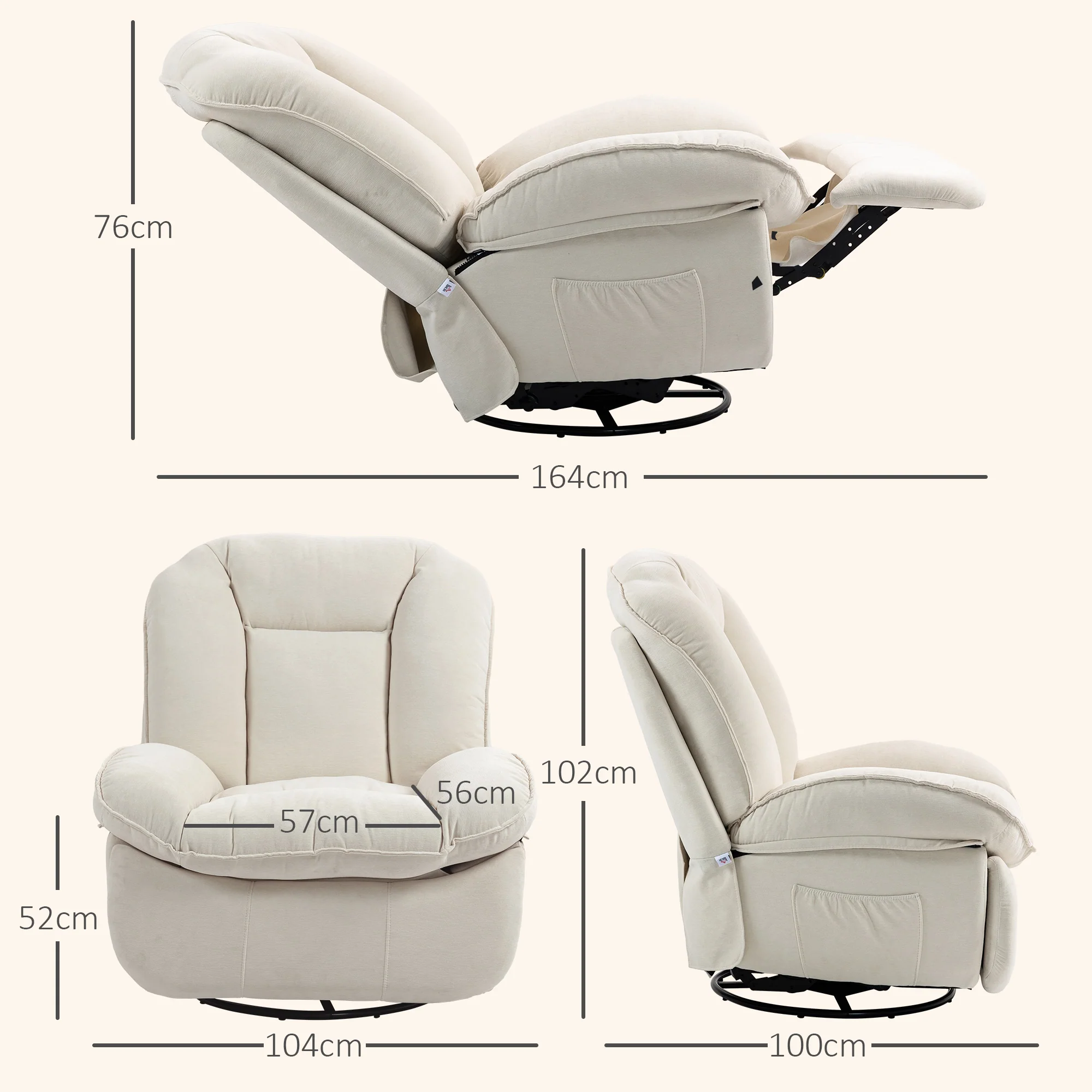 HOMCOM Relaxfauteuil, verstelbaar, 104x100x102cm/164x76cm, Crème Wit