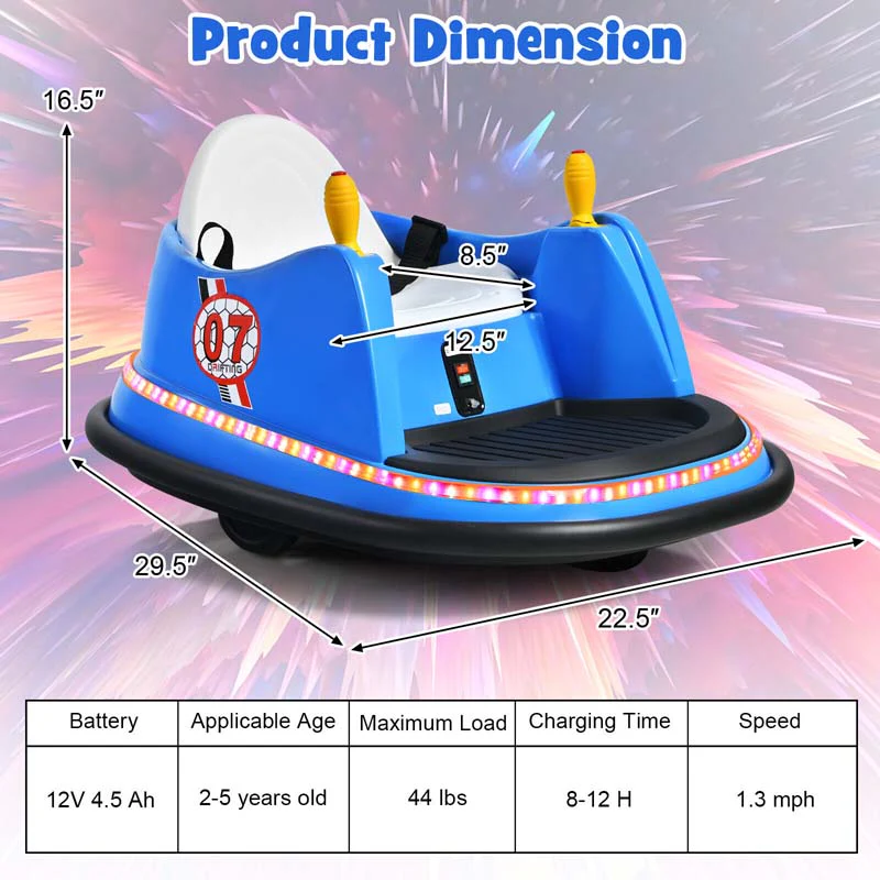 12V Toddler Bumping Car, Battery Powered Baby Ride on Bumper Car with Dual Joysticks, Flashing LED Light & 360 Degree Spin