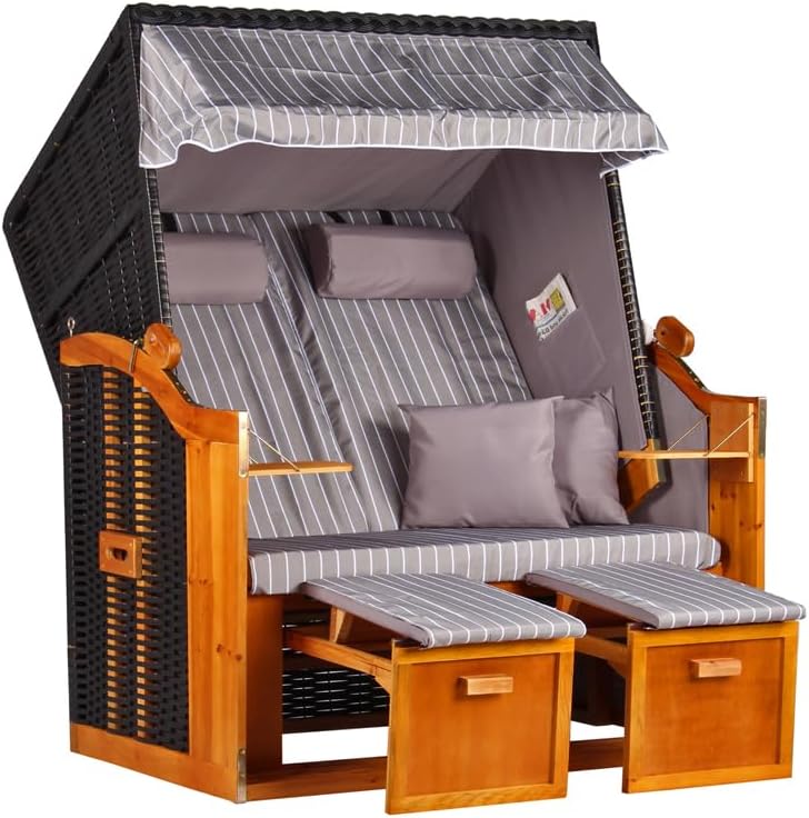 Strandkorb Ostsee Wacholder PE Schwarz (Dessin Royal Grau) | 2 Sitzer-Strandkorb wetterfest | Volllieger Hartholz Zweisitzer | Strandkörbe Balkon | Beach Chair Garten