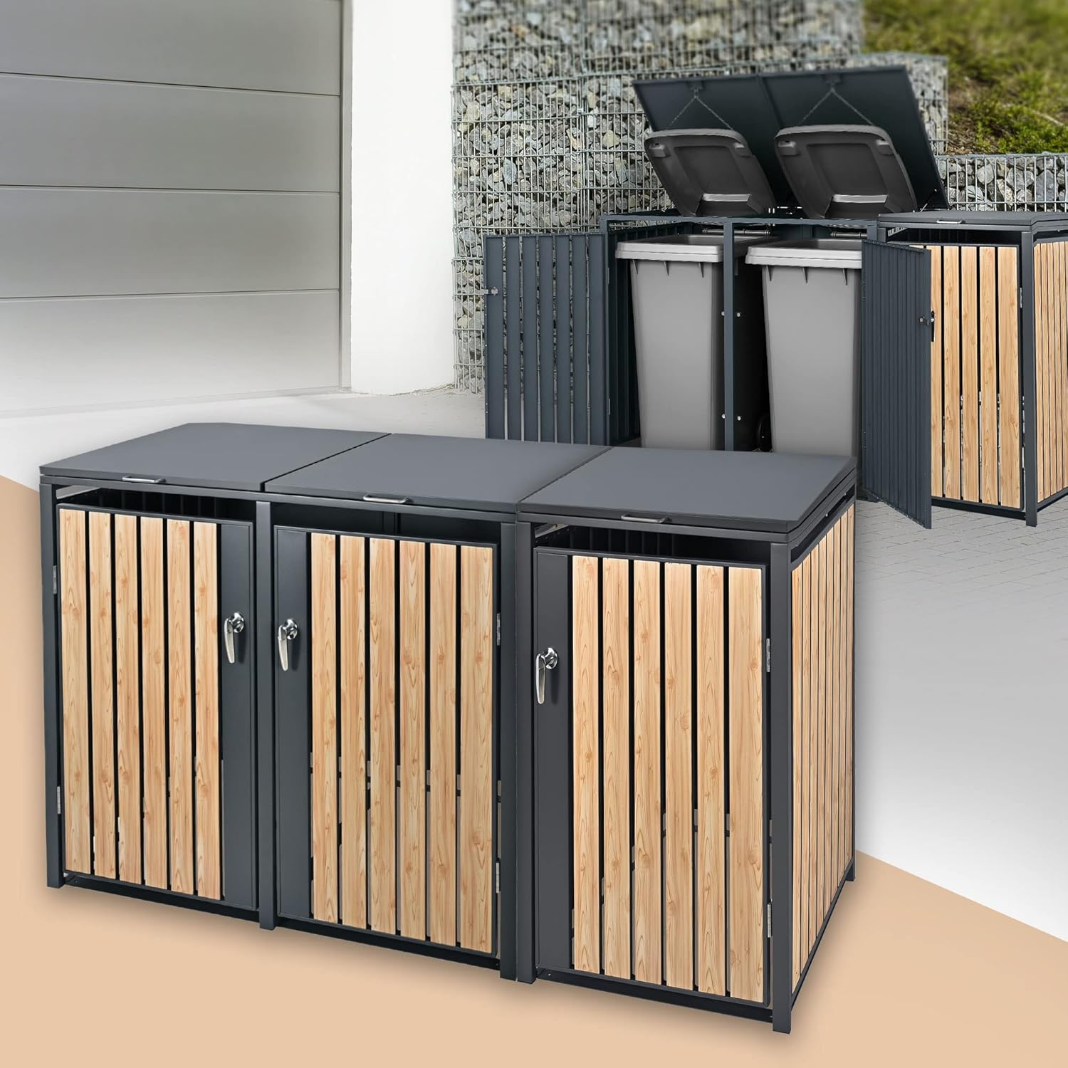 ML-Design Mülltonnenbox 3er 3 Tonnen 240L 200x80x116,3cm Anthrazit-Holzoptik, Stahl wetterfest/abschließbar Mülltonnenverkleidung Klappdeckel/3 Türen, Müllbox Mülltonnecontainer Mülltonnenabdeckung