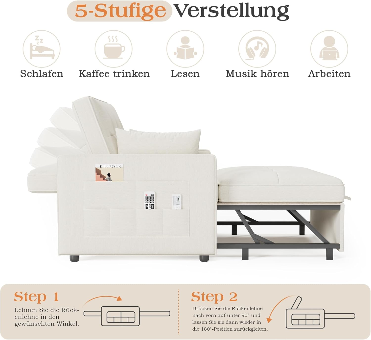 Schlafsofa 186 x 122 cm mit 5-stufig Verstellbarer Rückenlehne, 3-in-1 Schlafcouch mit Kissen und Seitentasche, cremeweißes Leinen-Sofa für Gästezimmer  und  kleine Räume