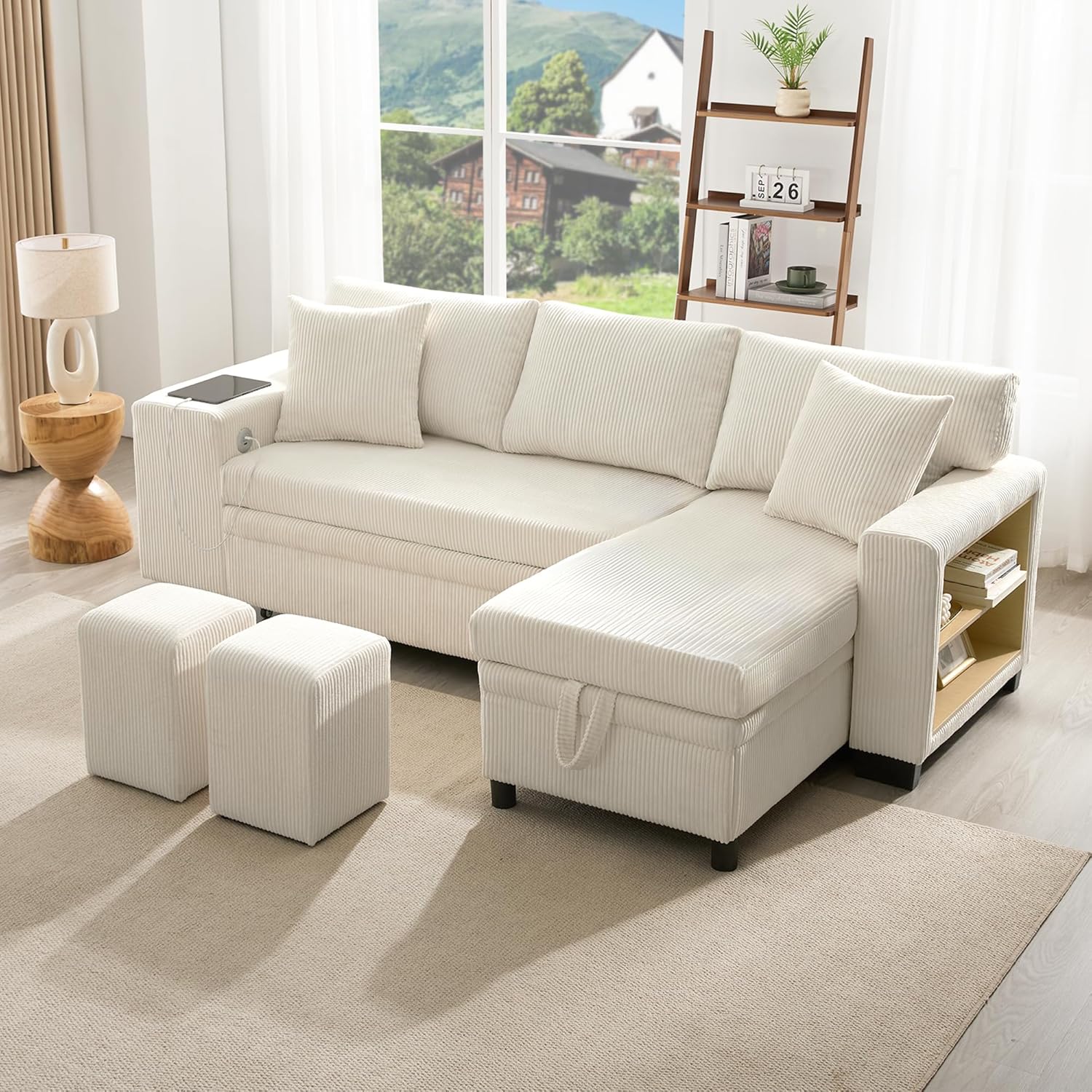 Klappsofa mit Schlaffunktion, L-förmiges umbaubares Ecksofa mit USB-Ladeanschluss und Kissen, 3-Sitzer-Umbausofa mit Seitenablagen und Stauraum