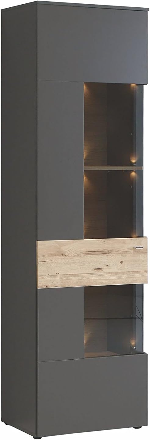 Forte Como Wohnwand 320, Moderne Wohnwand mit 5 Türen, 1 Schublade, Schrankwand, Holzwerkstoff, Uni Wolfram Grau/Stabeiche Holzdekor, 319,3 cm breit x 203,3 cm hoch x 52 cm tief
