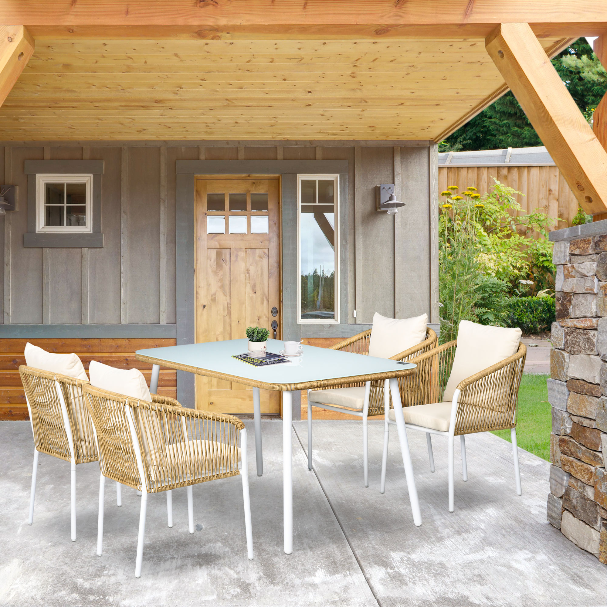 Outsunny Tuinset, 5-delig, Rattanlook, Zit- & Rugkussens, roestvrij Alu-frame, Geel/Wit/Beige
