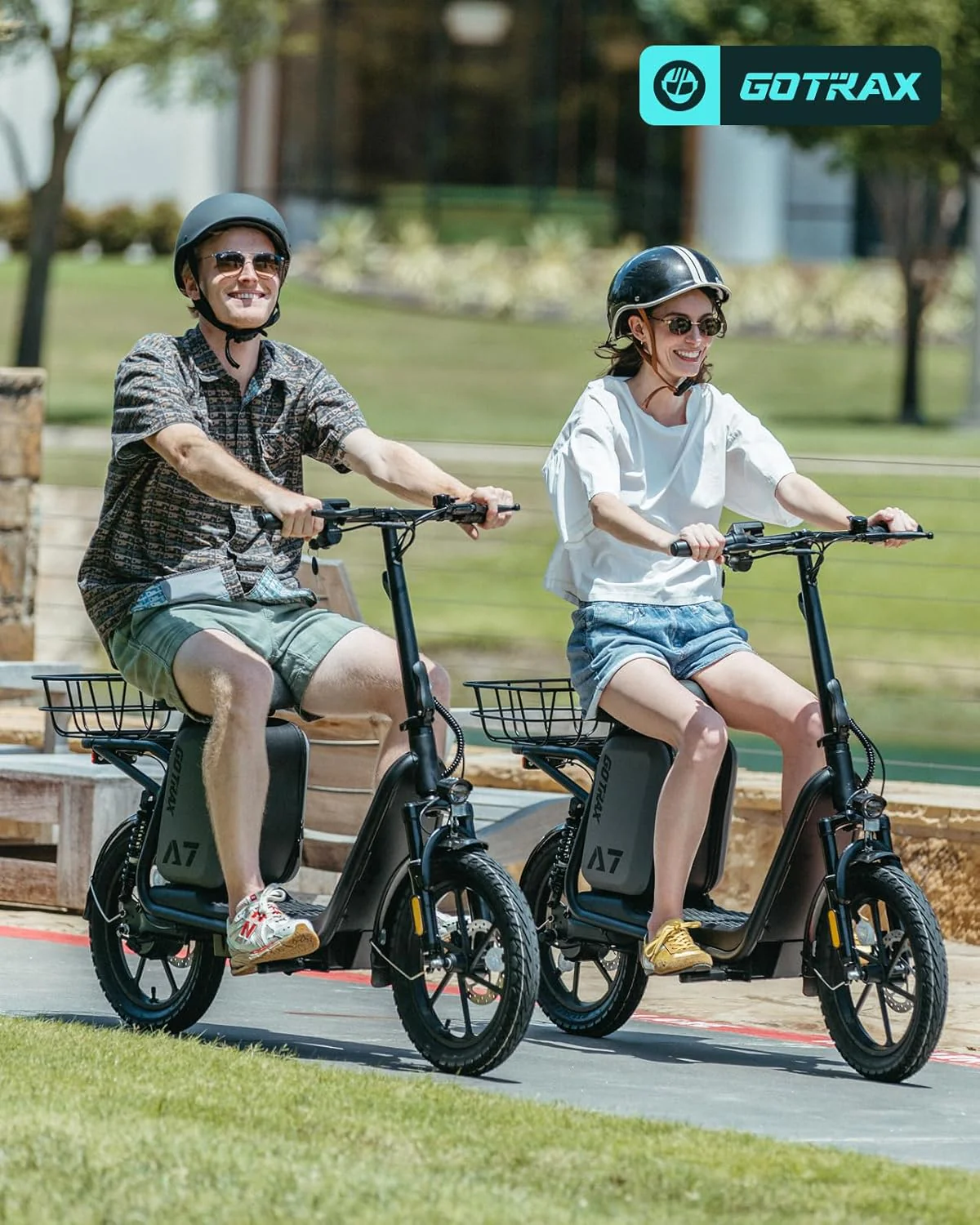 Gotrax adult electric scooter with seat, maximum range of 19-25 miles, all-terrain tires, wide pedals, padded seat, and carrycot