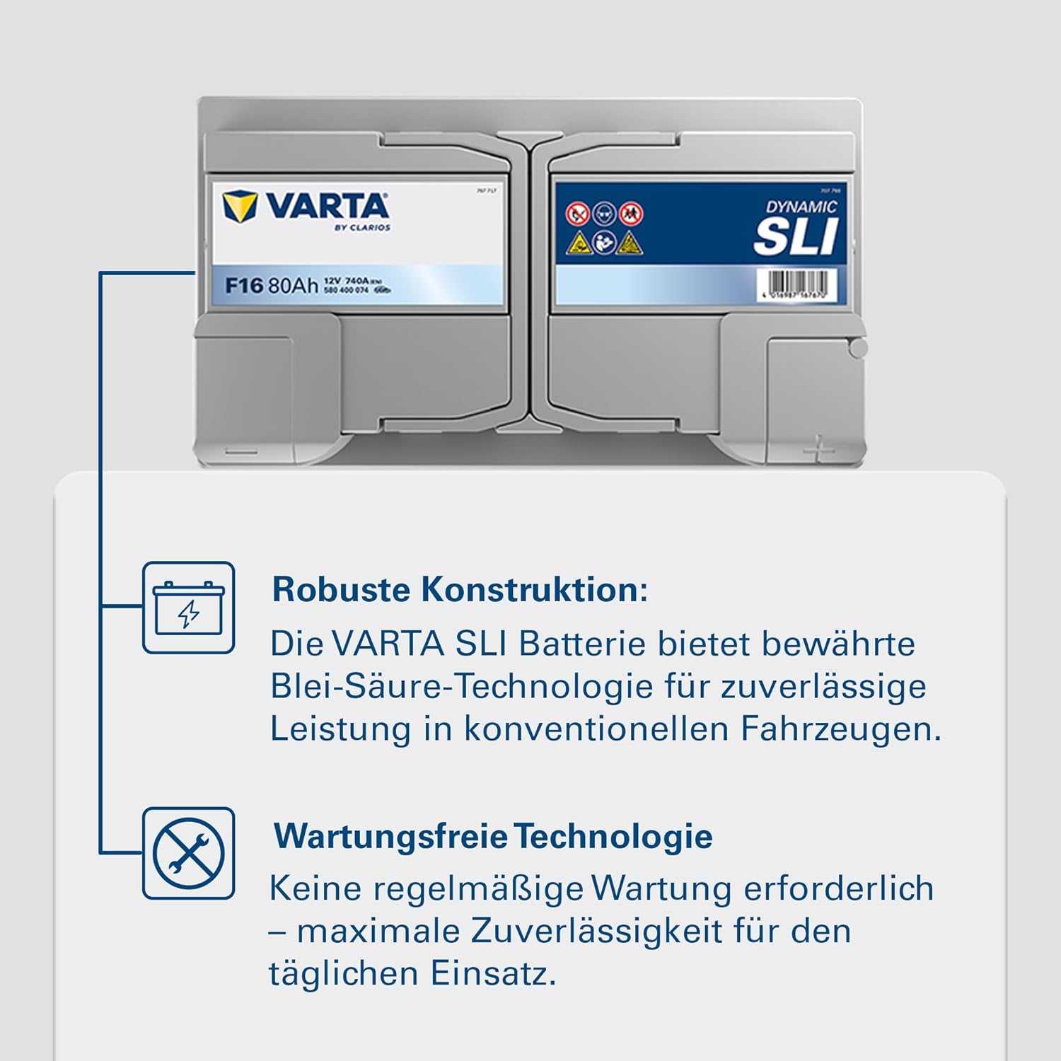 VARTA Automotive DYNAMIC SLI (F16) 12V 80Ah 740A - Nassbatterie KFZ mit Standardausstattung & ohne Start-Stopp System - Starterbatterie für einfachen Energiebedarf - Bleisäurebatterie wartungsfrei