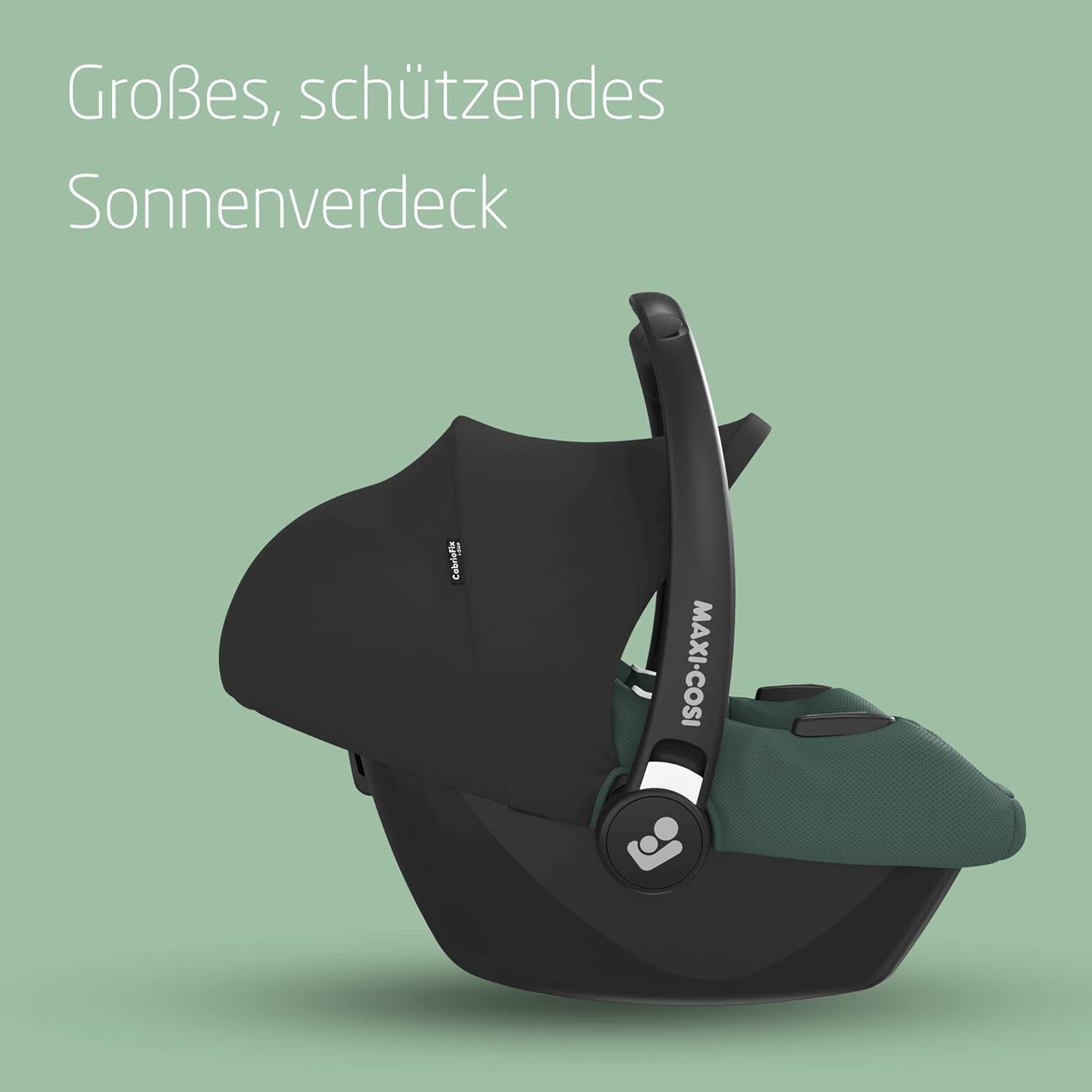 Maxi-Cosi CabrioFix i-Size, Babyschale, 0–12 Monate, max. 12 kg, leichter i-Size Kindersitz (3,2 kg), Sonnenverdeck, gepolsterter Sitz, für viele Maxi-Cosi Kinderwagen, Essential Green