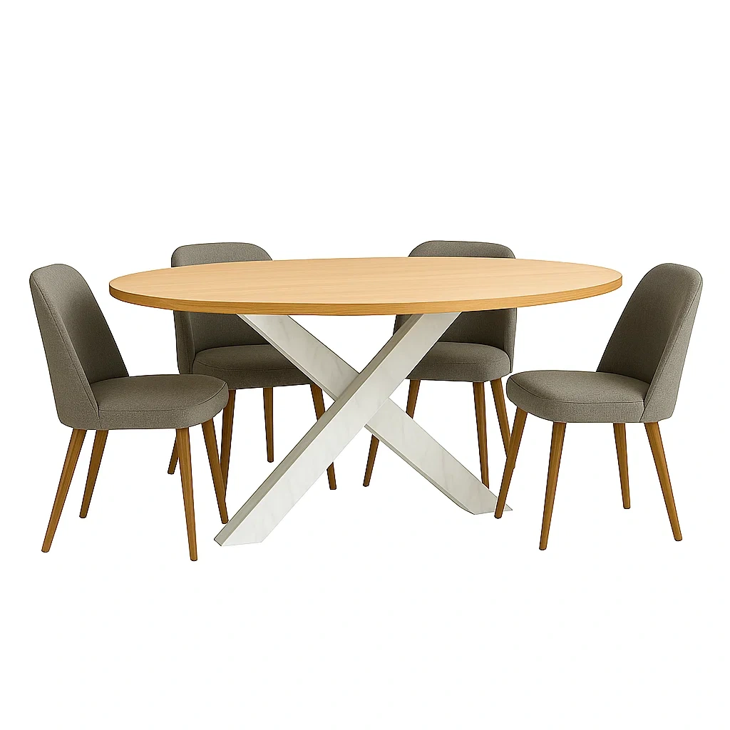 Spisest, 4 sder, tr og stof, beige, oval, med X-formet base, bordml 120x80x75 cm, stoleml 50x50x85 cm, til spisestue eller kkken - YoudyRTO6umF