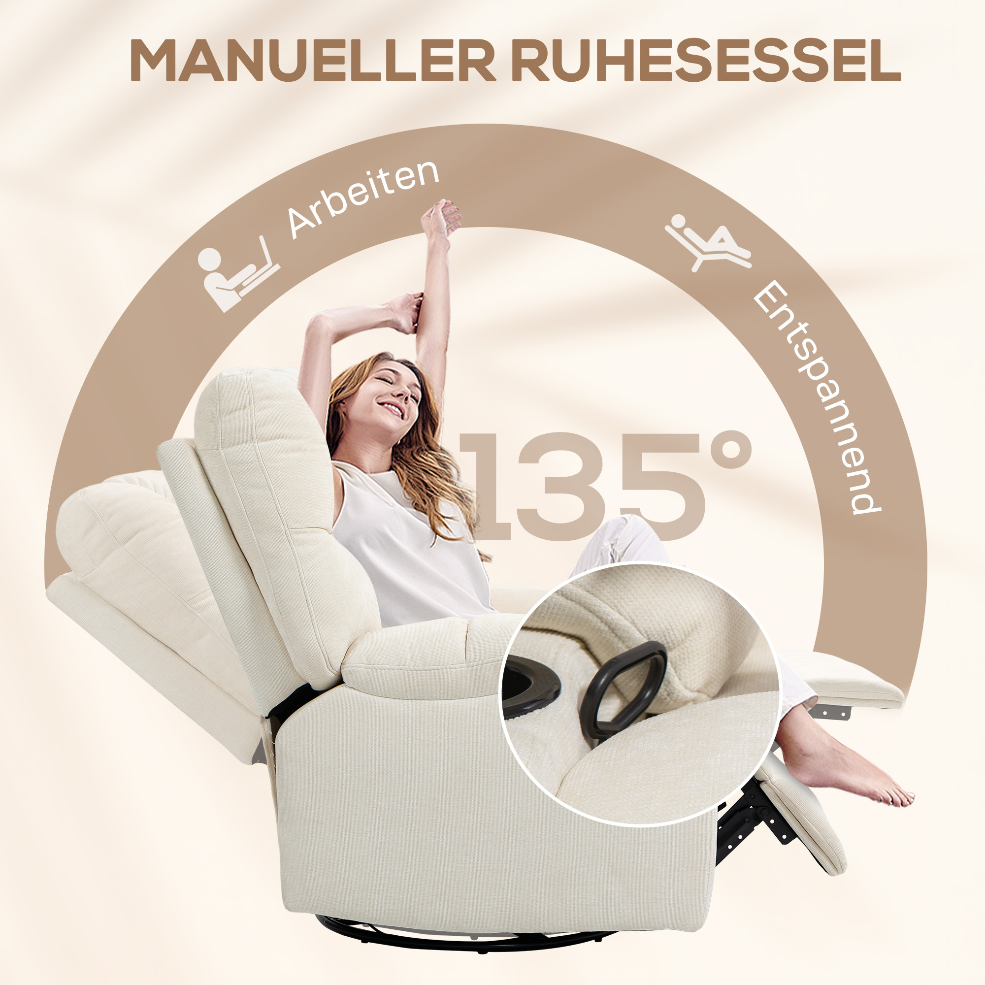 HOMCOM Relaxstoel met Voetensteun, Ligstoel, Draaibaar tot 150 kg, Stalen Frame, 88x96x108cm, Beige