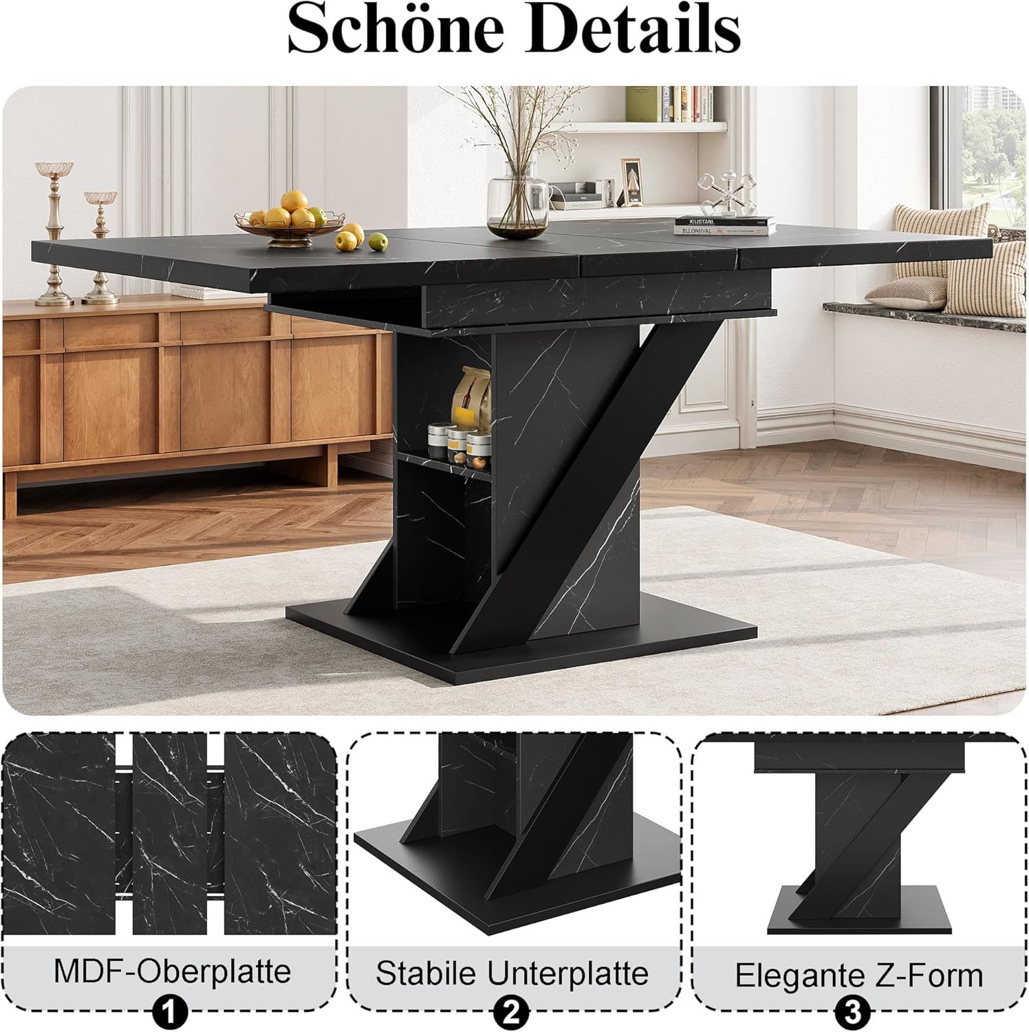 Esstisch Ausziehbar mit Stauraum Tischbeine für 4-6 Personen, Esszimmertische Küchentisch mit Unverwechselbare Muster, Esstisch Holz Esszimmertisch Ausziehbar, 110-140x80x75 cm, Schwarz