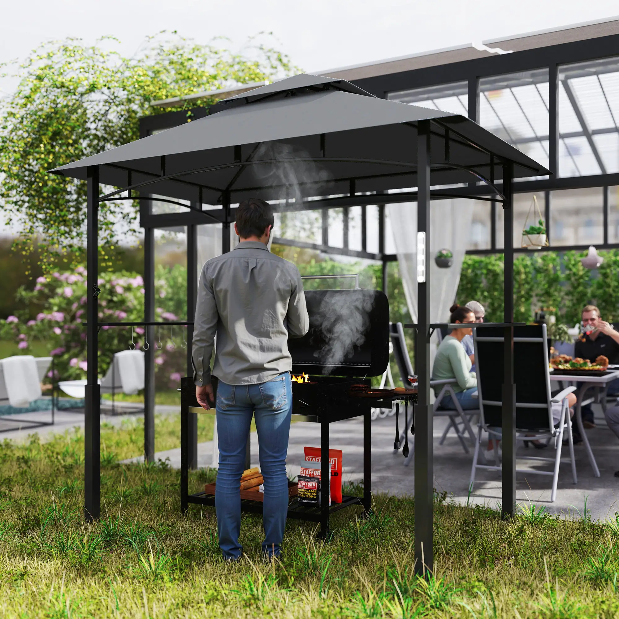 Outsunny Grillpaviljoen dubbellaags dak LED-verlichting