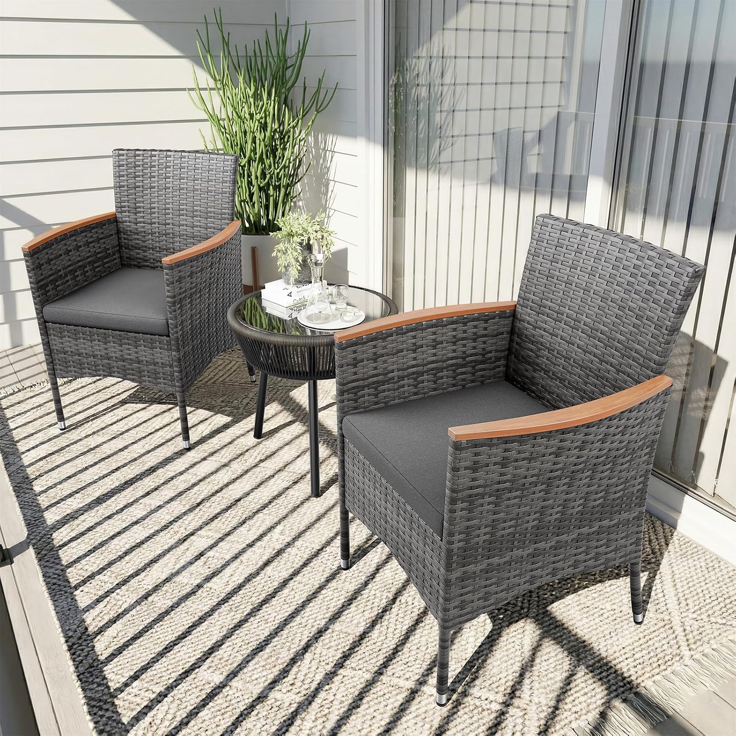 UDPATIO Gartenstühle 2er Set Rattan mit Kissen, Wetterfeste Gartenmöbel, Gartenstuhl Hochlehner für Balkon Terrasse, Outdoor Lounge Sessel, 60 * 59 * 85cm, Grau