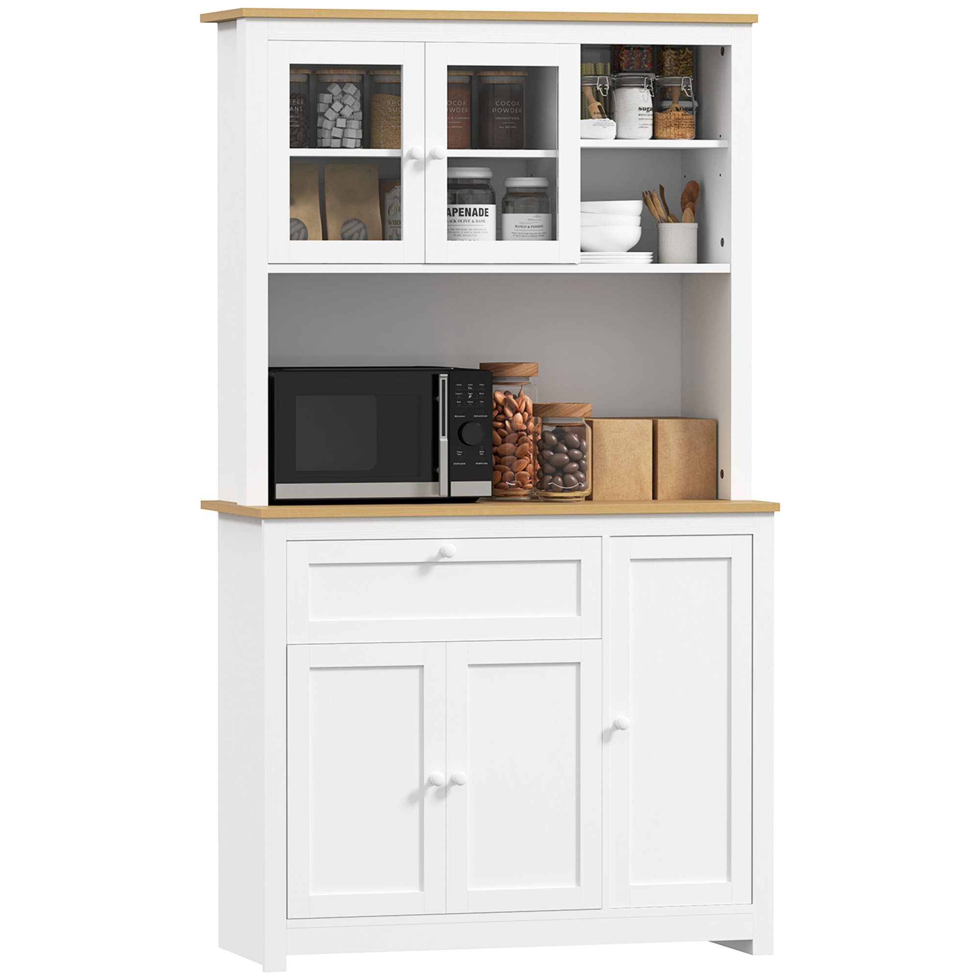 Landhuisstijl Keukenkast, 1 Vitrine, 1 Open Schap, 1 Lade, 2 Kasten, Natuur + Wit
