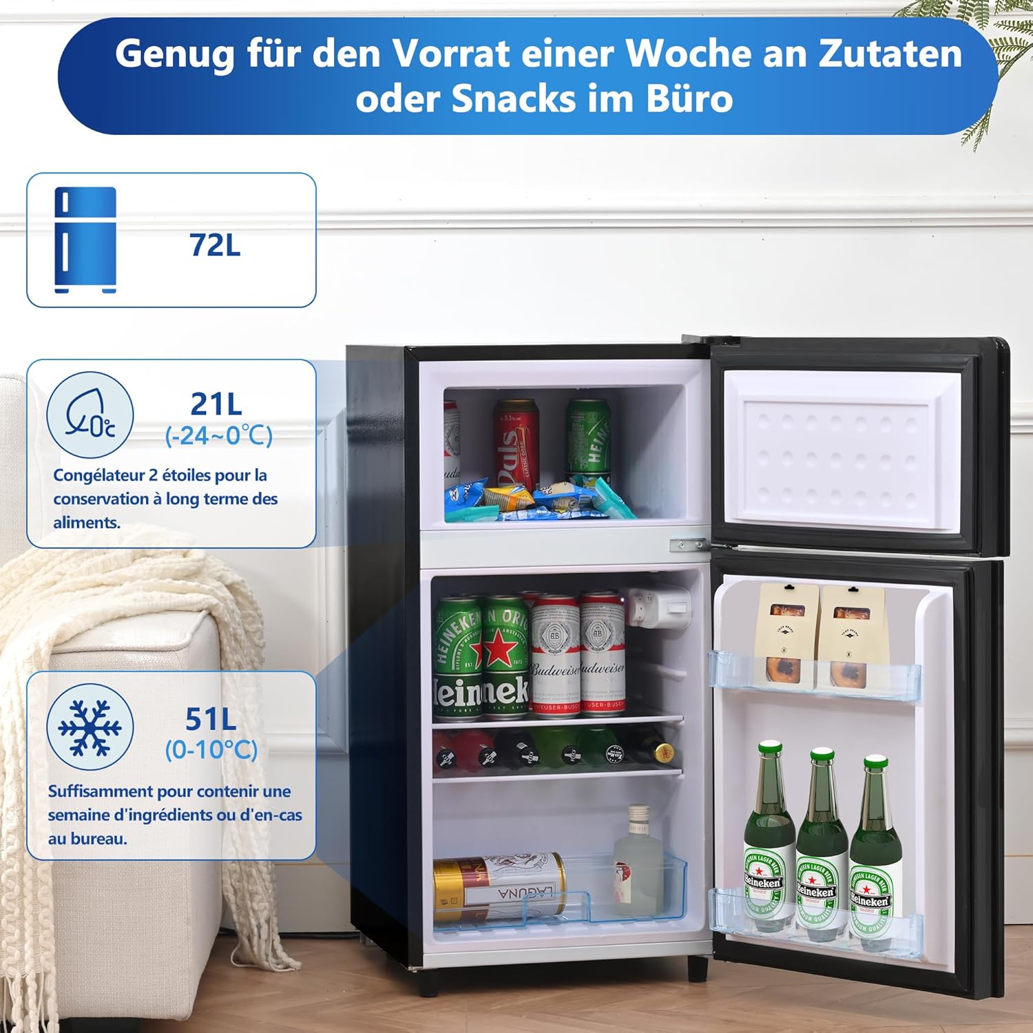 Merax Kühlschrank mit Gefrierfach, Kühl-Gefrierkombination, klein Kühlschrank mit 51L und Gefrierschrank 21L, Leise, LED, Glasablagen, Gemüsefach, Türablagen, für Küche, Wohnzimmer, Büro, Schwarz