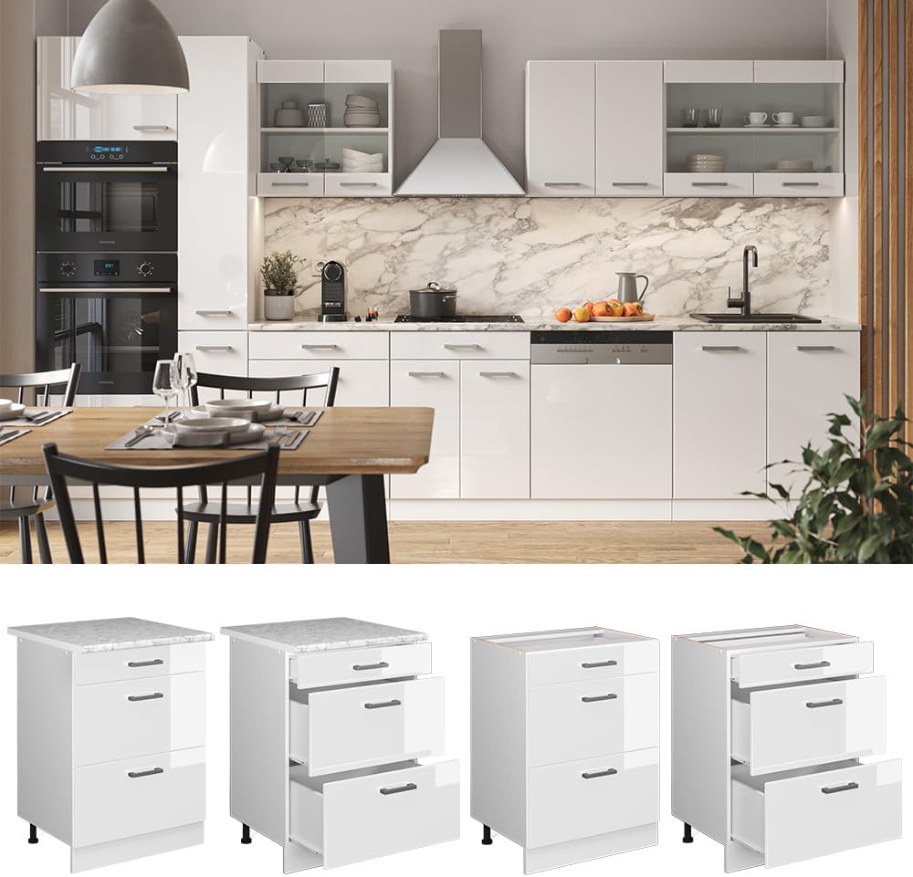 Vicco Küchenunterschrank R-Line, Weiß Hochglanz/Weiß, 60 cm mit Schubladen, ohne Arbeitsplatte