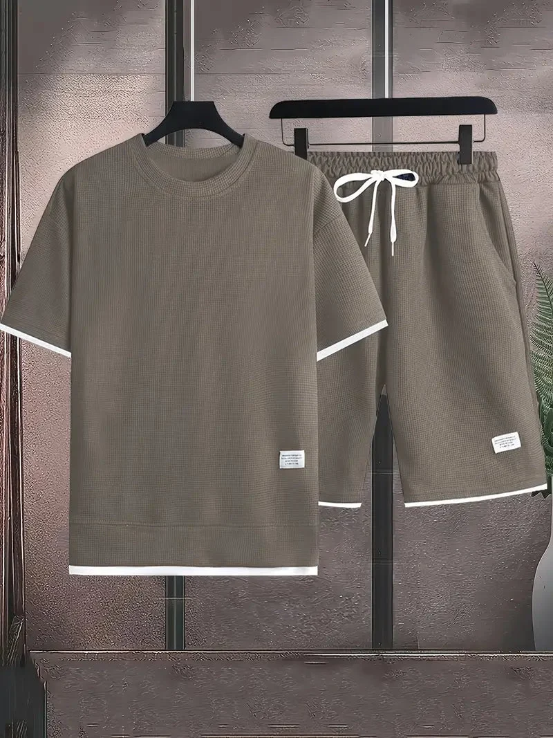 Waffelstrick Set f��r Herren | Kurzarm T-Shirt und Shorts Zweiteiler | Atmungsaktives Freizeit-Set mit Kordelzug | Relaxed Fit