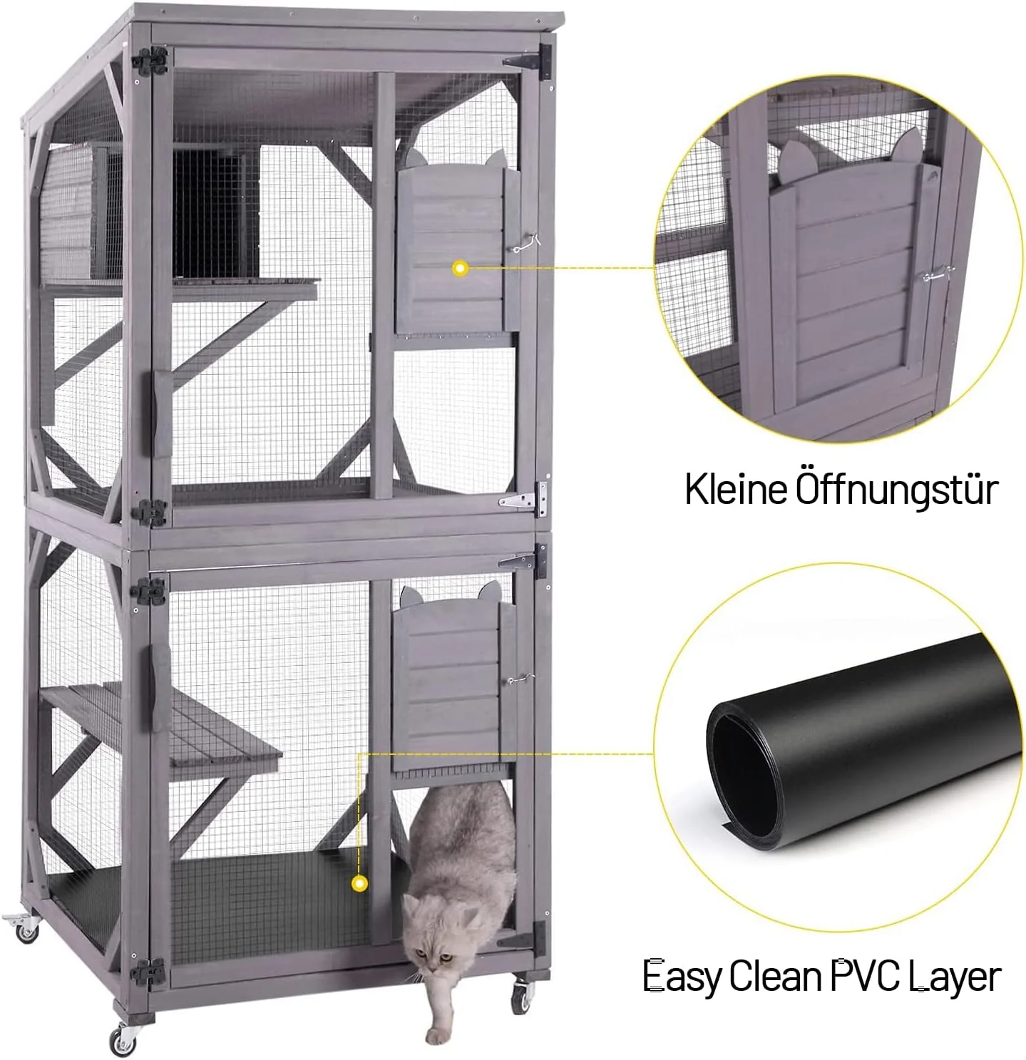 Kattenhuis Outdoor Catio Kitty Omheining met Super Grote Toegangsdeur, Houten Kattenkooi Condo Indoor Box met Platforms en Klein Huis