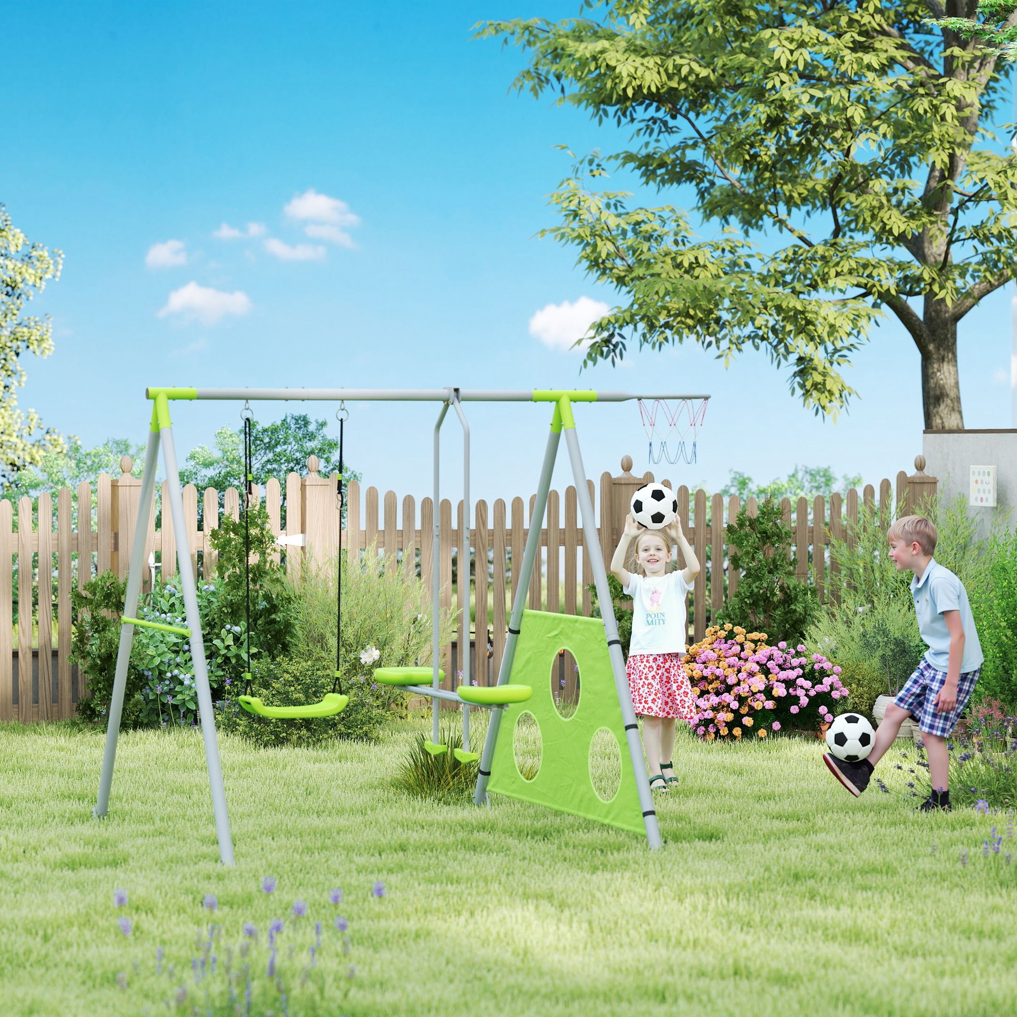 AIYAPLAY Buitenschommelset voor Kinderen, Verstelbare Schommel, Staal, Groen en Grijs