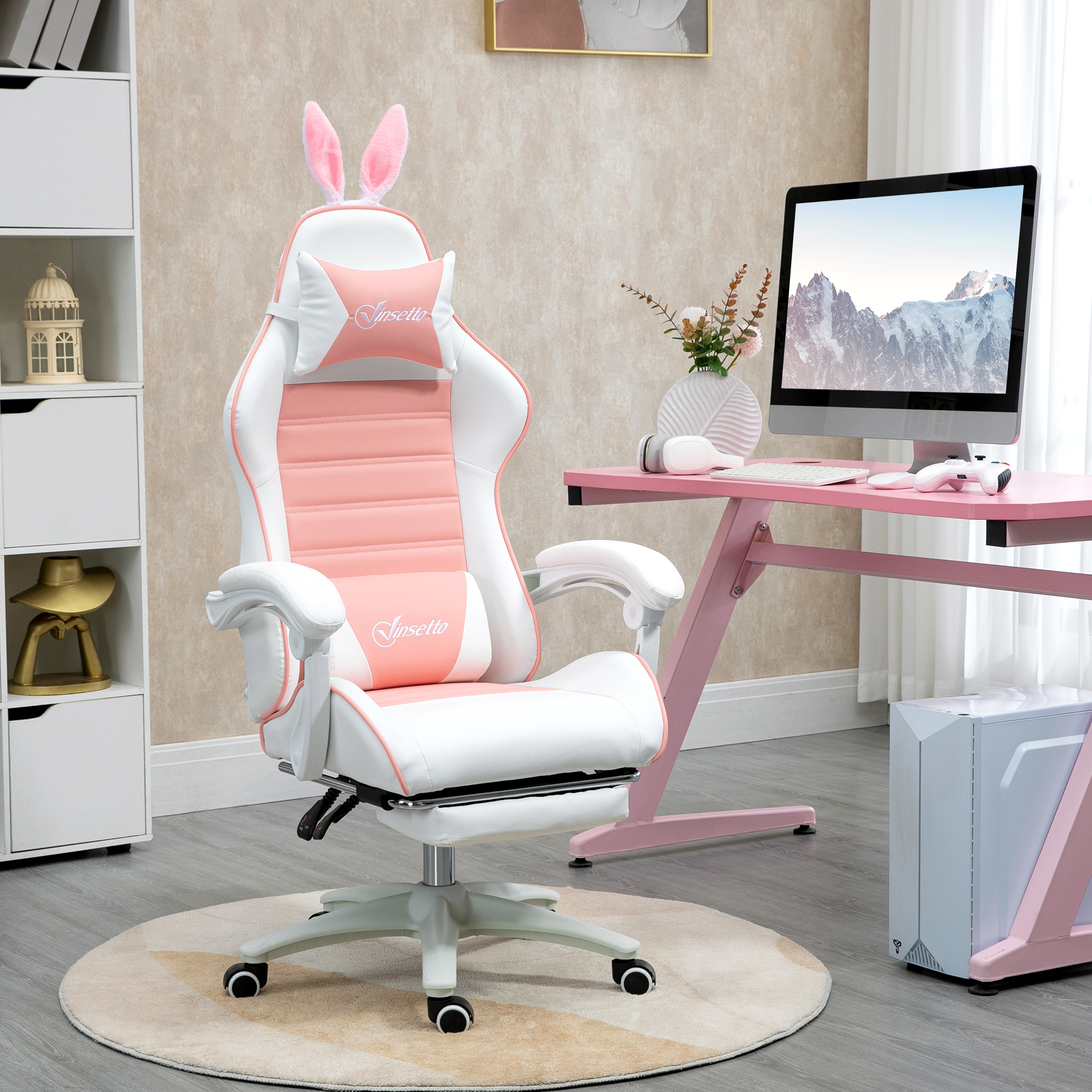 Vinsetto Ergonomische Gaming Stoel met Lendensteun, Voetensteun, Konijnenoren, Hoofdkussen in Roze