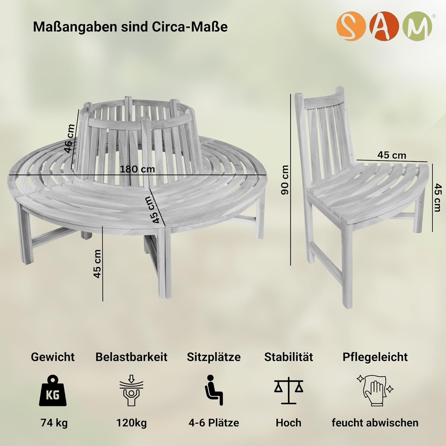 SAM Baumbank Timo, 360° kreisrunde Gartenbank, Teakholz massiv, Holzbank aus Massivholz, Sitzbank für den Garten, Durchmesser 180 cm, komplette Rundbank