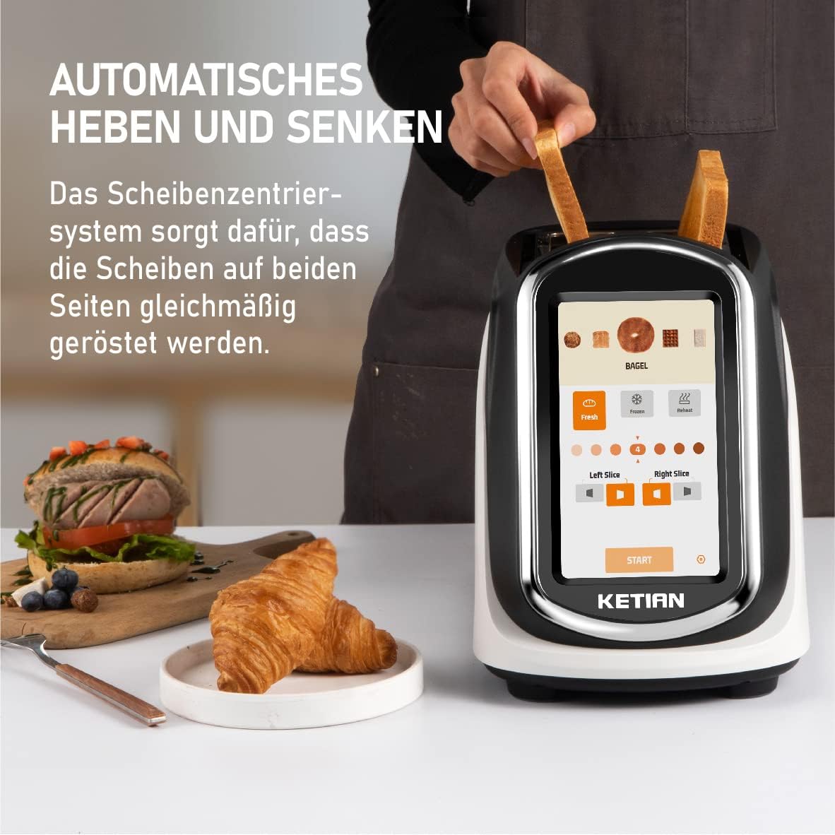 Smart Toaster, Touchscreen, KETIAN Toaster, automatisches Heben und Senken, wärmeisoliertes Gehäuse, 7 Bräunungsstufen, abnehmbare Krümel Schublade, 1400 W