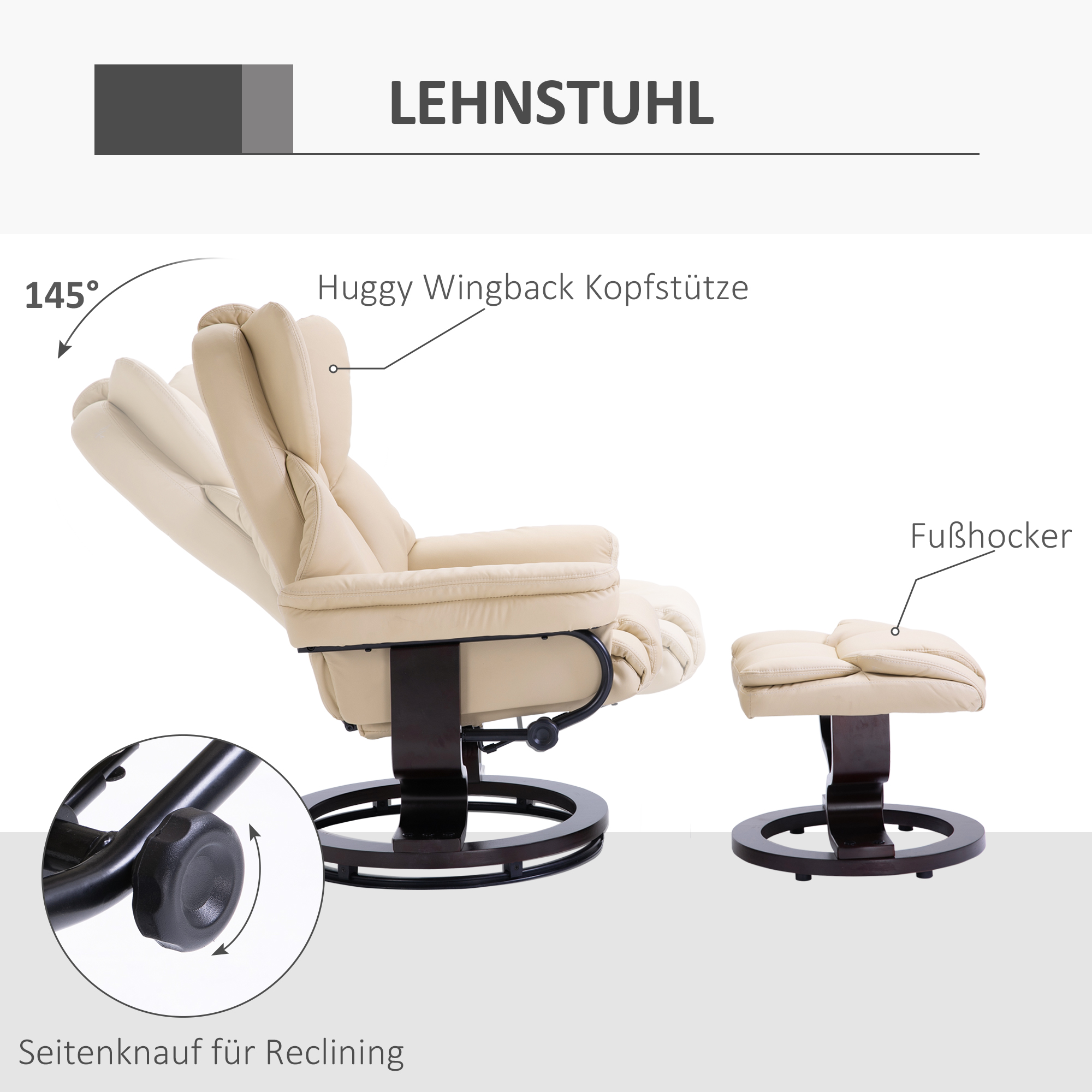 Fauteuil met kruk, ligfunctie, draaibaar, tot 160 kg, kunstleer, metalen frame, cr��me, 80 x 79 x 100 cm