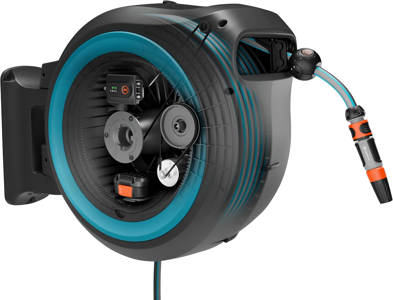 Gardena Akku-Wand-Schlauchbox PowerRoll XL solo: Automatischer Schlauchaufroller mit 35 m Gartenschlauch, Schlauchführung und RollControll, akkubetrieben, UV- und frostbeständig (18640-55)