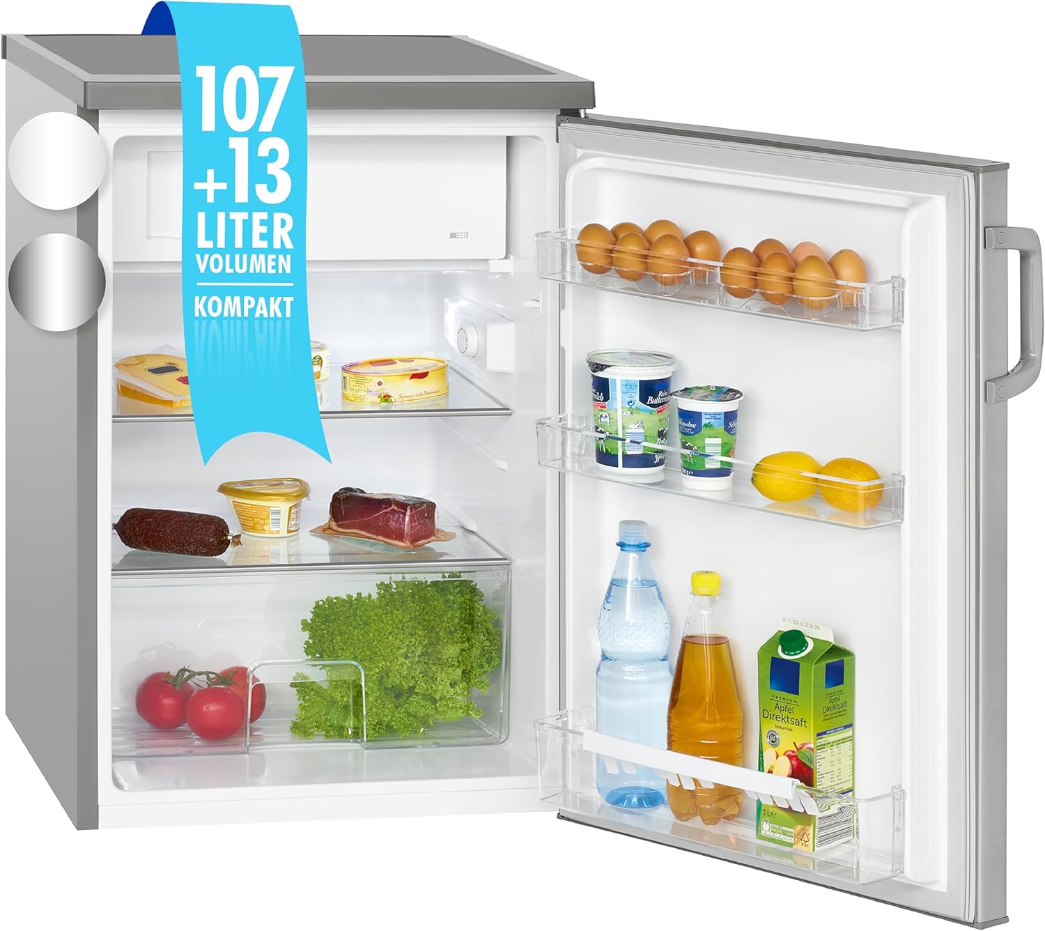 Bomann Kühlschrank mit Gefrierfach | Getränkekühlschrank mit 120L Nutzinhalt und 2 Glasablagen | Türanschlag wechselbar | kleiner Kühlschrank mit stufenloser Temperaturregelung | KS 2194.1 inox