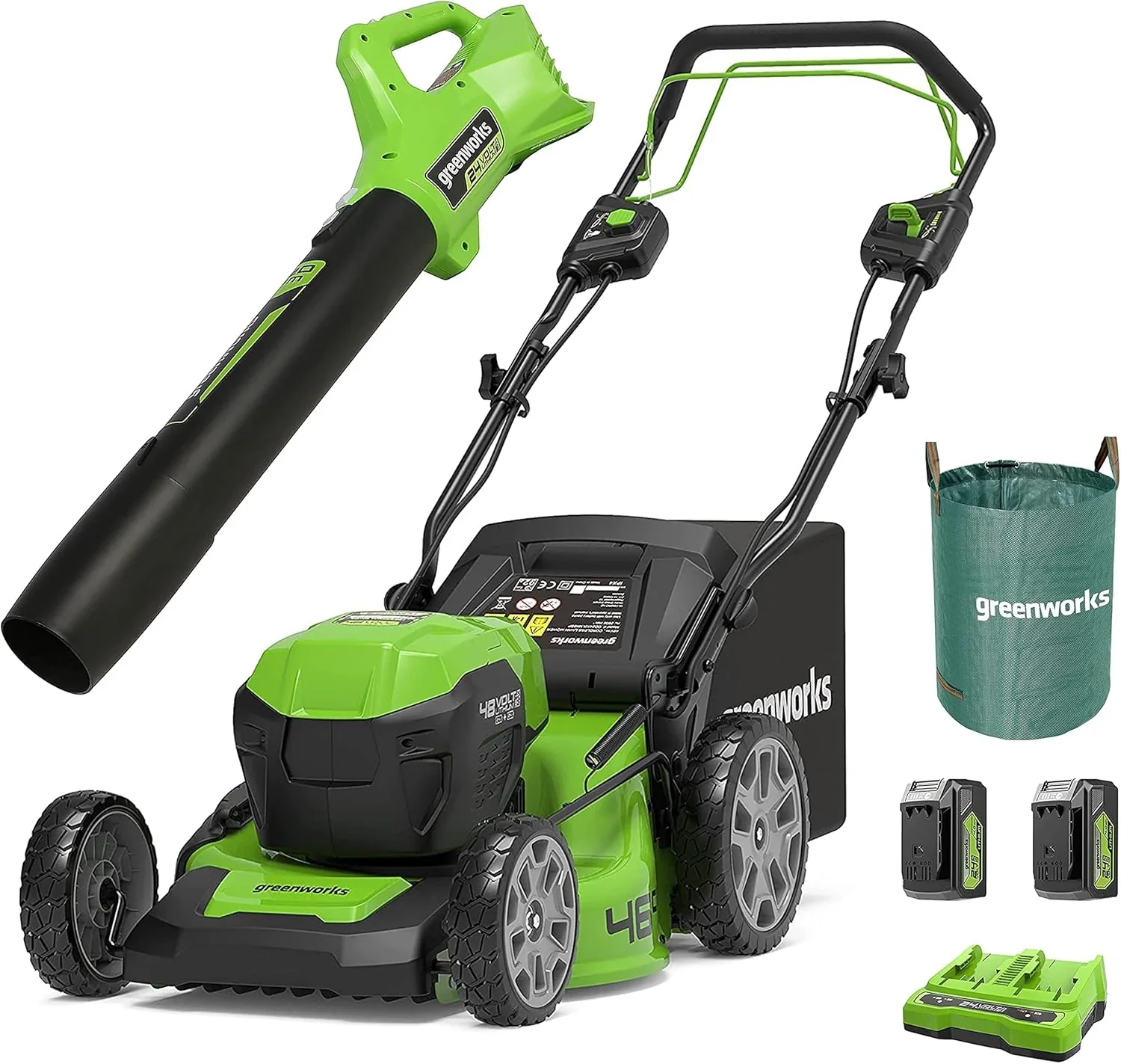 Greenworks 48V (2x24V) Selbstfahrender Akku Rasenmher f��r groe Flchen bis zu 480m, 46cm Schnittbreite, 55L Sack PLUS zwei 4Ah-Akkus und Doppelladegert GD24X2LM46SPK4X