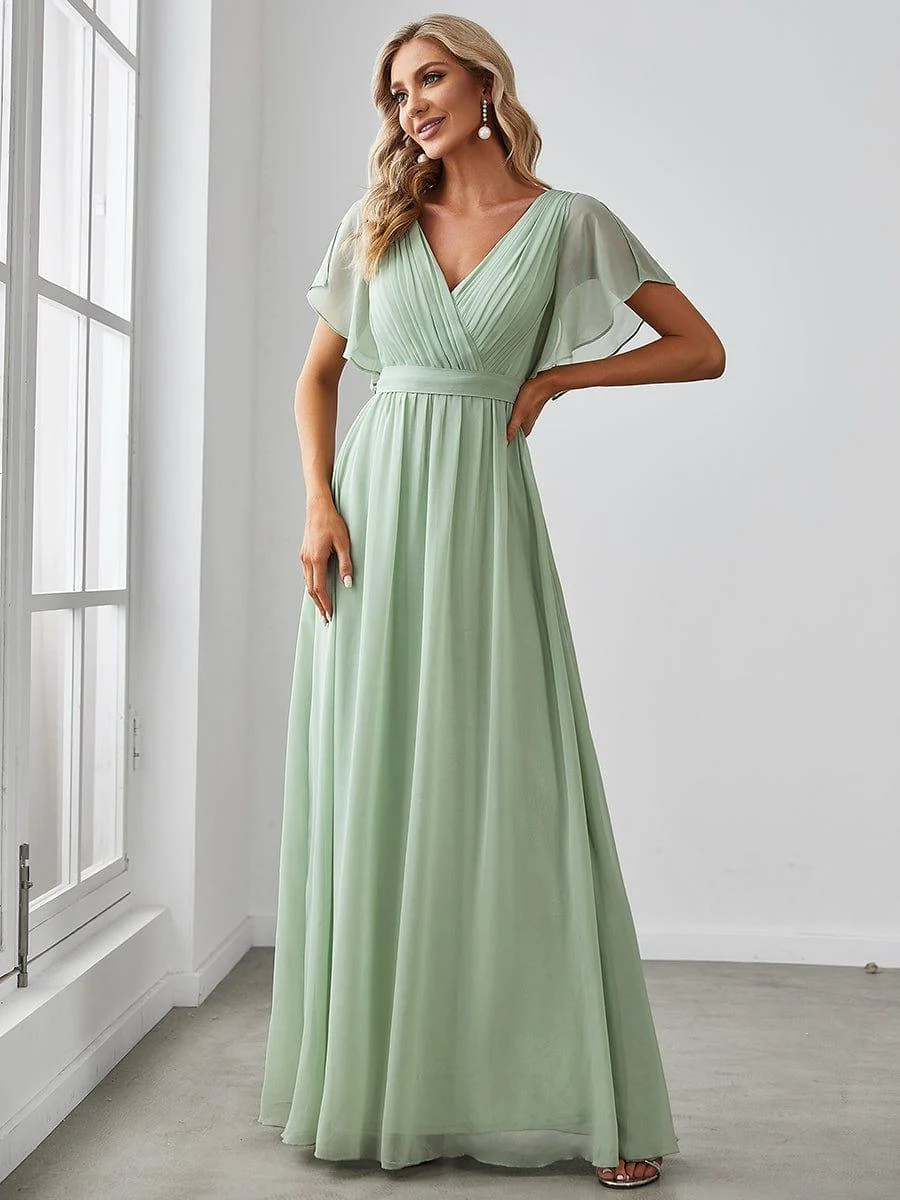 Abendkleid Damen Maxi A-Linie aus Chiffon | Festliches Kleid f��r Hochzeitsg?ste mit V-Ausschnitt und Fl��gel?rmeln