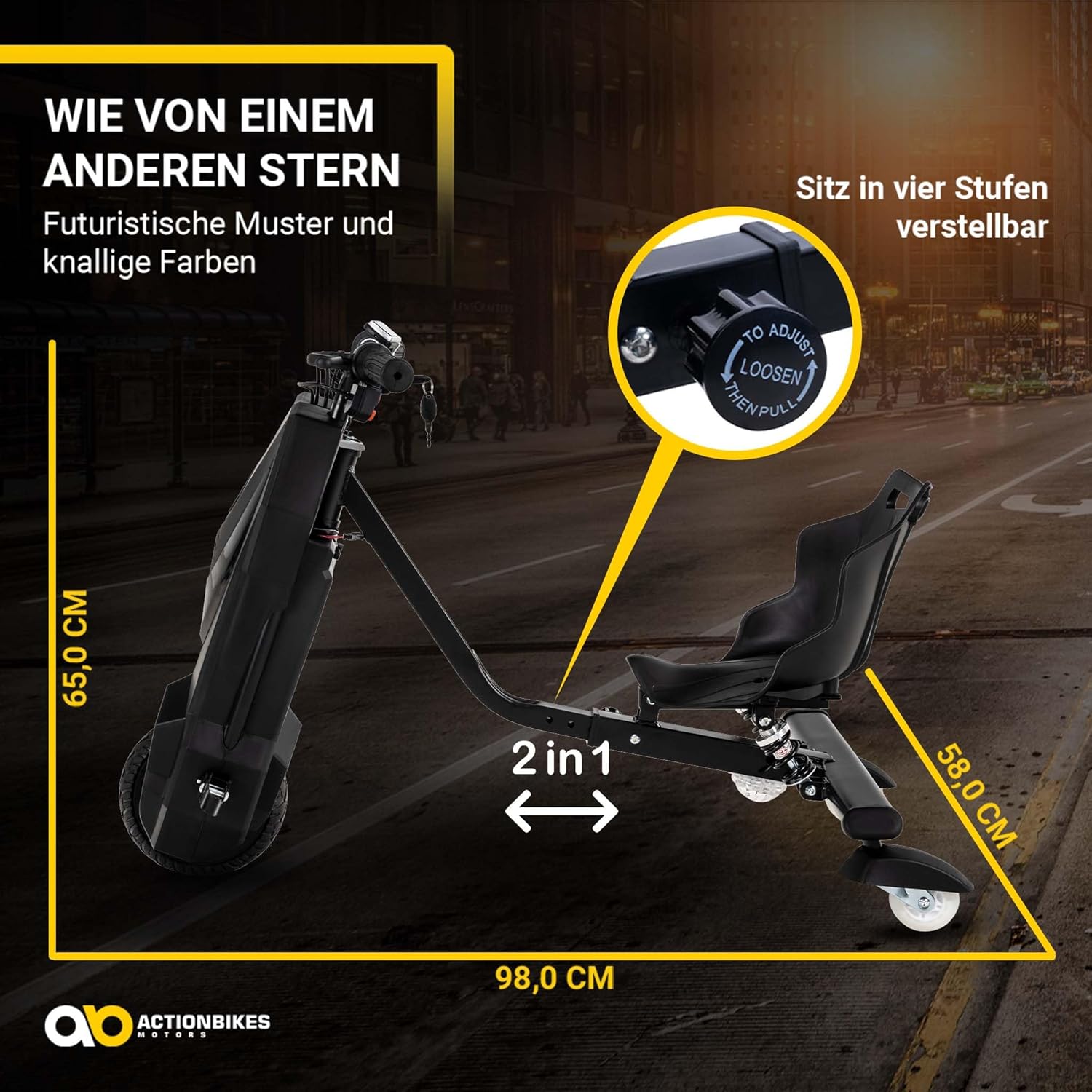 Actionbikes Motors Kinder Elektro Driftscooter | 𝟐𝟓𝟎 Watt Motor - Drift Cart 360°- 3 Geschwindigkeitsstufen - LED-Beleuchtung - Sitz verstellbar - Bluetooth - Drift Kart - Drift Auto (Space Purple)