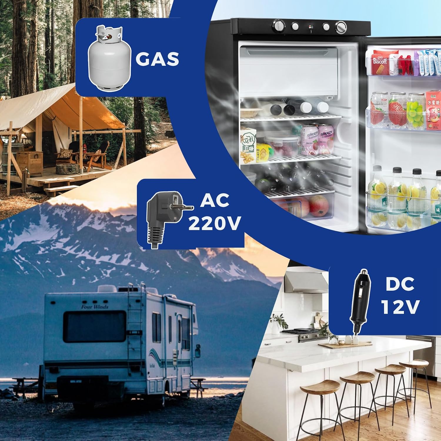 Smad Frigo Gaz, 100L, Frigo Trimixte 12V 220V Gaz, avec Congélateur, Réfrigérateur Camping gaz pour Camping Car, Caravane, Cabanon, Chalet, Noir