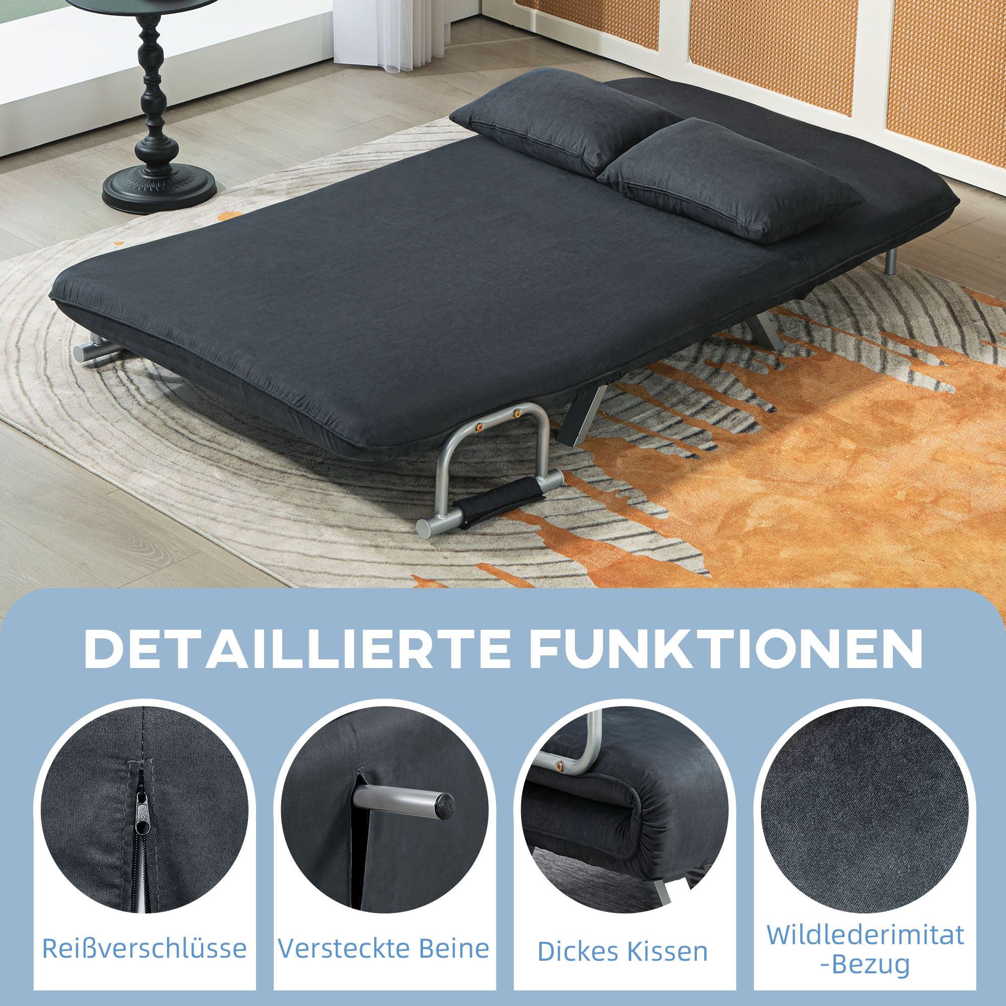 Slaapbank, 5-voudig verstelbaar, Su��de-imitatie, Stalen frame, Incl. kussen, Zwart