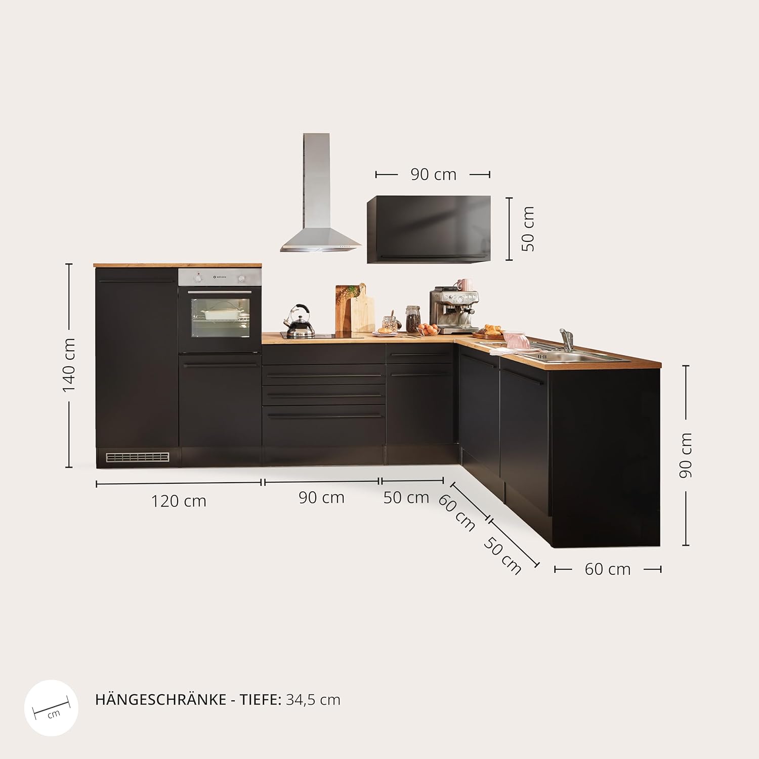 Jazz 4 Moderne Eckküche ohne Elektrogeräte in Schwarz matt, Lanzelot Eiche Optik - Geräumige Küchenzeile in L-Form mit viel Stauraum - 320 x 200 x 60 cm (B/H/T)