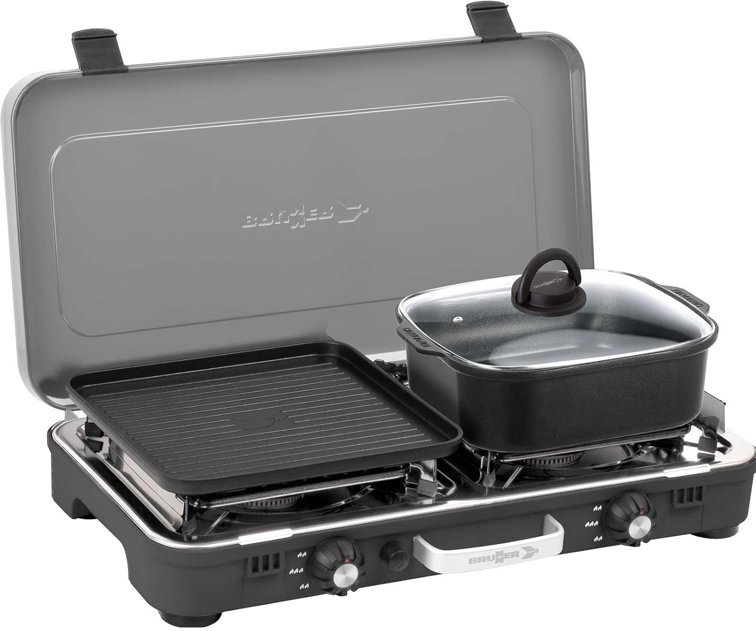 BRUNNER: 2-in-1 Tisch Camping-Kocher 2-flammig Edelstahl Gasgrill & Gaskocher - POWERKOOK 50mbar mit 1xSchmortopf + 1xGrillplatte- mit Gasregler + Gaschlauch