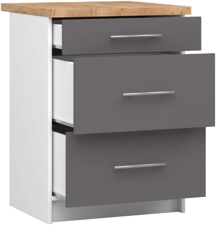 BDW - Küchenschrank Weiß/Grau - Schrank Küche mit Arbeitsplatte und Schubladen - Schrank 60 cm breit, 85 cm hoch - Küchenschränke Einzeln, Küchenmöbel Einzelteile