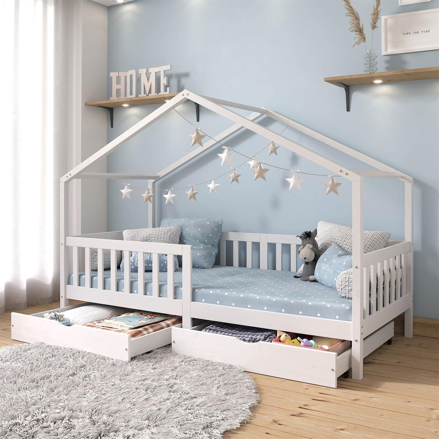 IDIMEX Hausbett ELEA aus massiver Kiefer, Kinderbett mit Rausfallschutz 90x200cm, Spielbett mit Dach in weiß