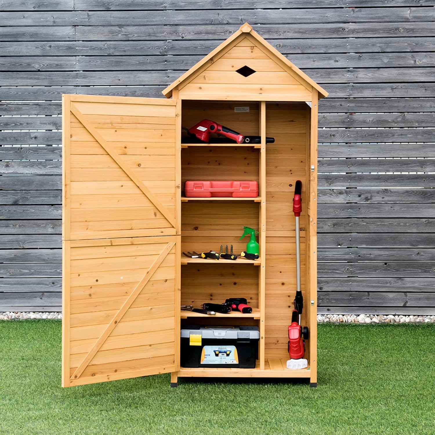 COSTWAY Gartenschrank Holz, Geräteschuppen mit 5 Regalböden und Satteldach, Outdoor Schrank Wetterfest, Geräteschrank Balkonschrank für den außenbereich Garten Balkon (80 x 45 x 177 cm)