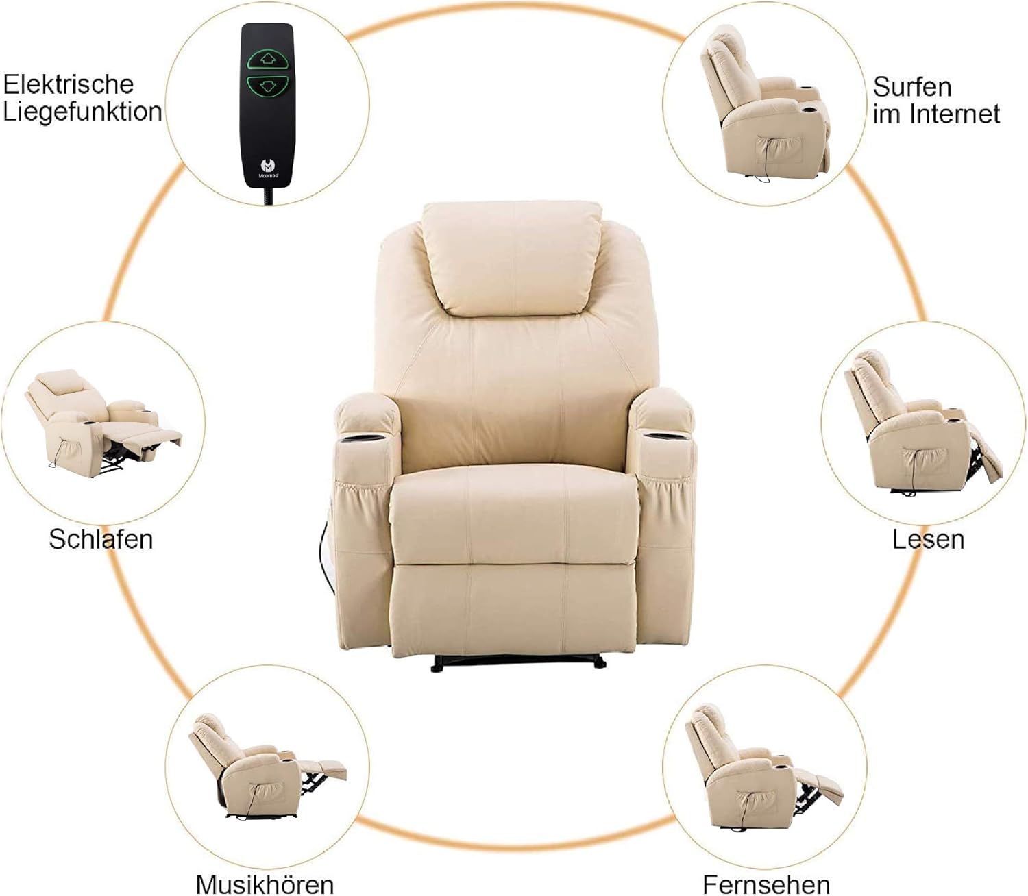 M MCombo Elektrisch Relaxsessel Massagesessel Fernsehsessel Liegefunktion Vibration Heizung 7061 neues Modell (Cremeweiß-Kunstleder)