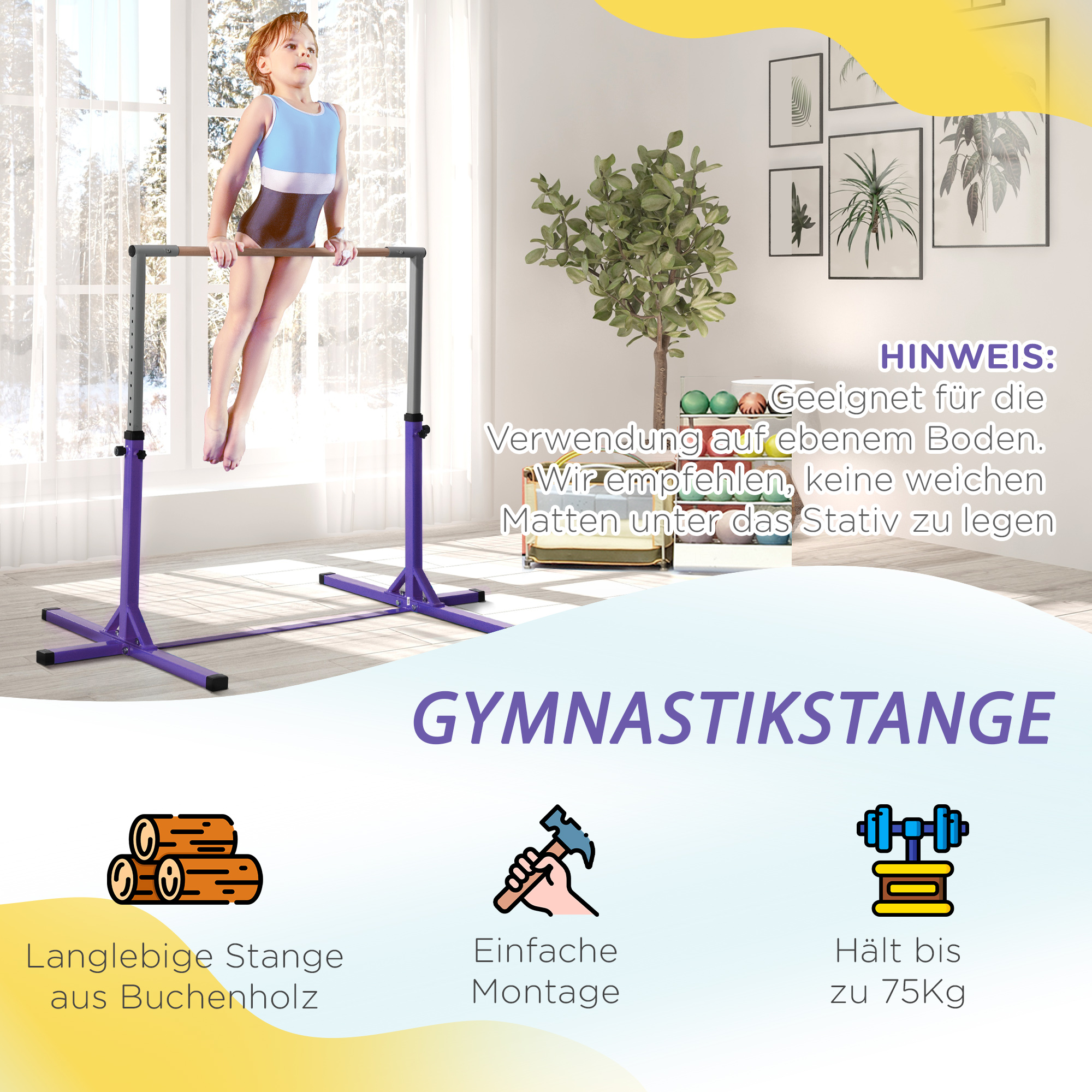 Gymnastiek-Turnrek, Rekstang, 13 in hoogte verstelbaar, tot 75 kg belastbaar, Staal, Beukenhout, Paars