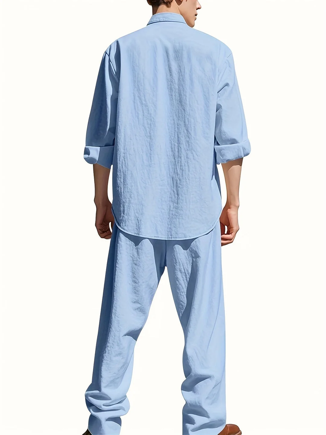 Leinen Set Herren | Luftiges Sommer Set aus atmungsaktivem Leinen mit Stehkragen Hemd und Relaxed Fit Hose f��r den Urlaub
